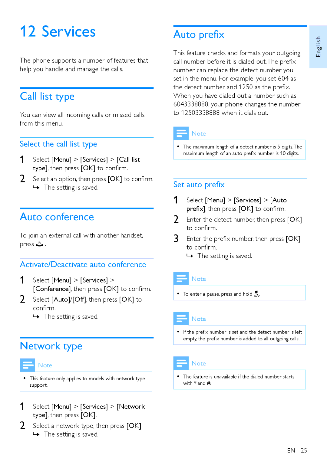 Philips XL390, XL395 user manual Services, Auto conference, Network type, Auto prefix 