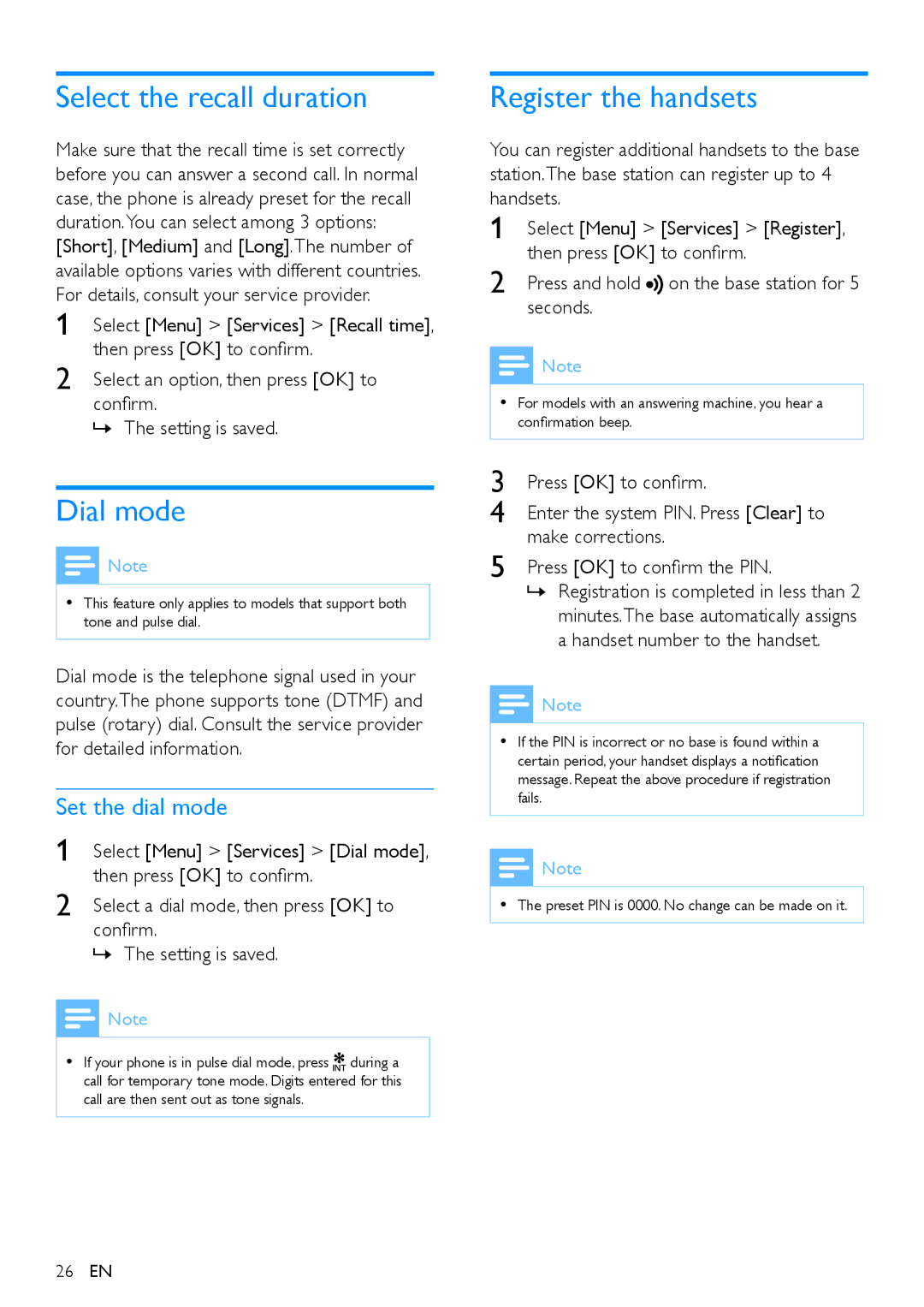 Philips XL395, XL390 user manual Select the recall duration, Dial mode, Register the handsets, Set the dial mode 