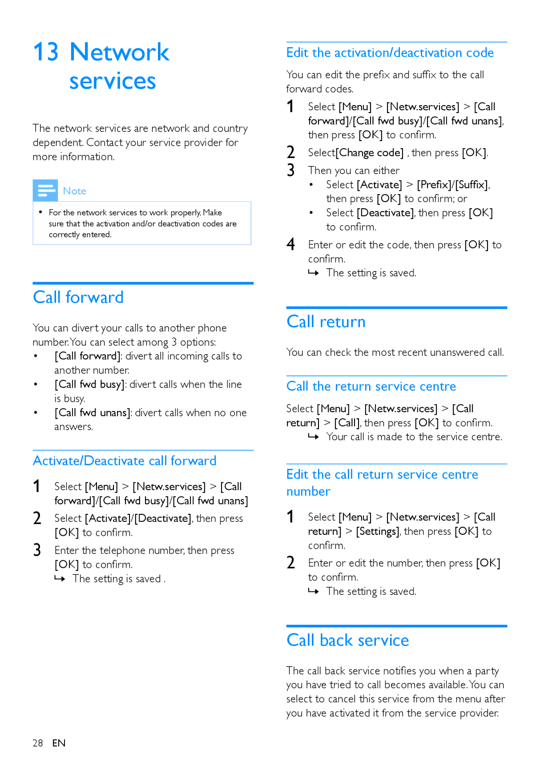 Philips XL395, XL390 user manual Network services, Call forward, Call return, Call back service 