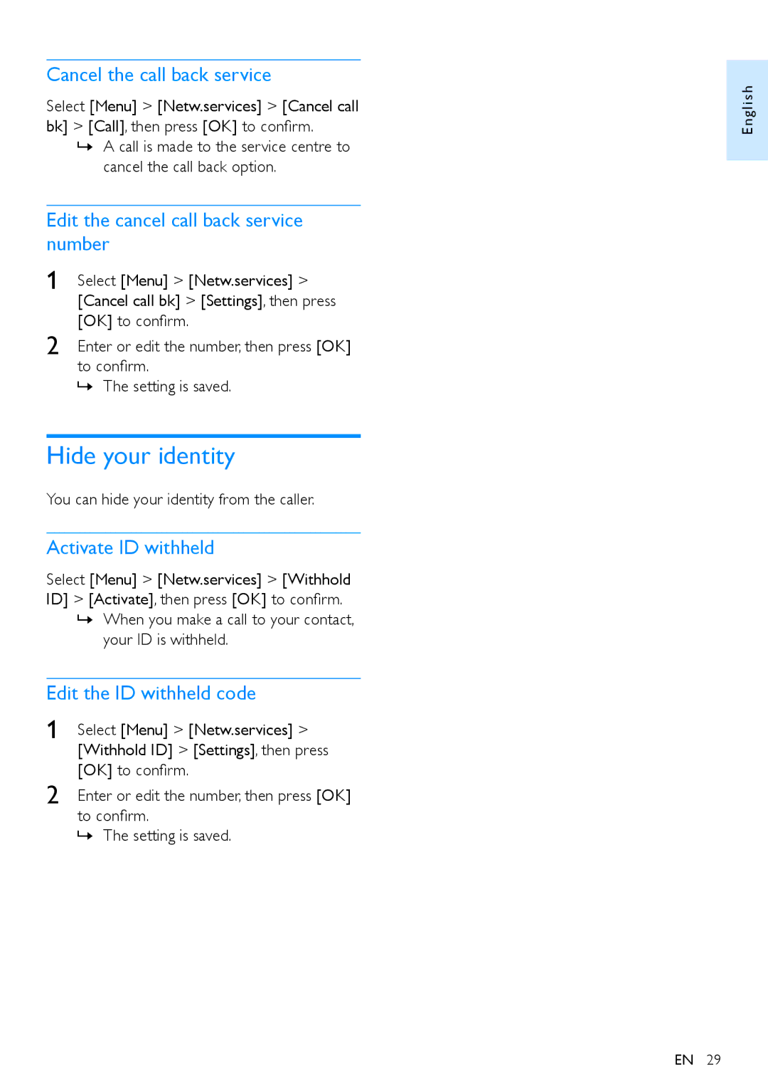 Philips XL390, XL395 user manual Hide your identity, Cancel the call back service, Edit the cancel call back service number 