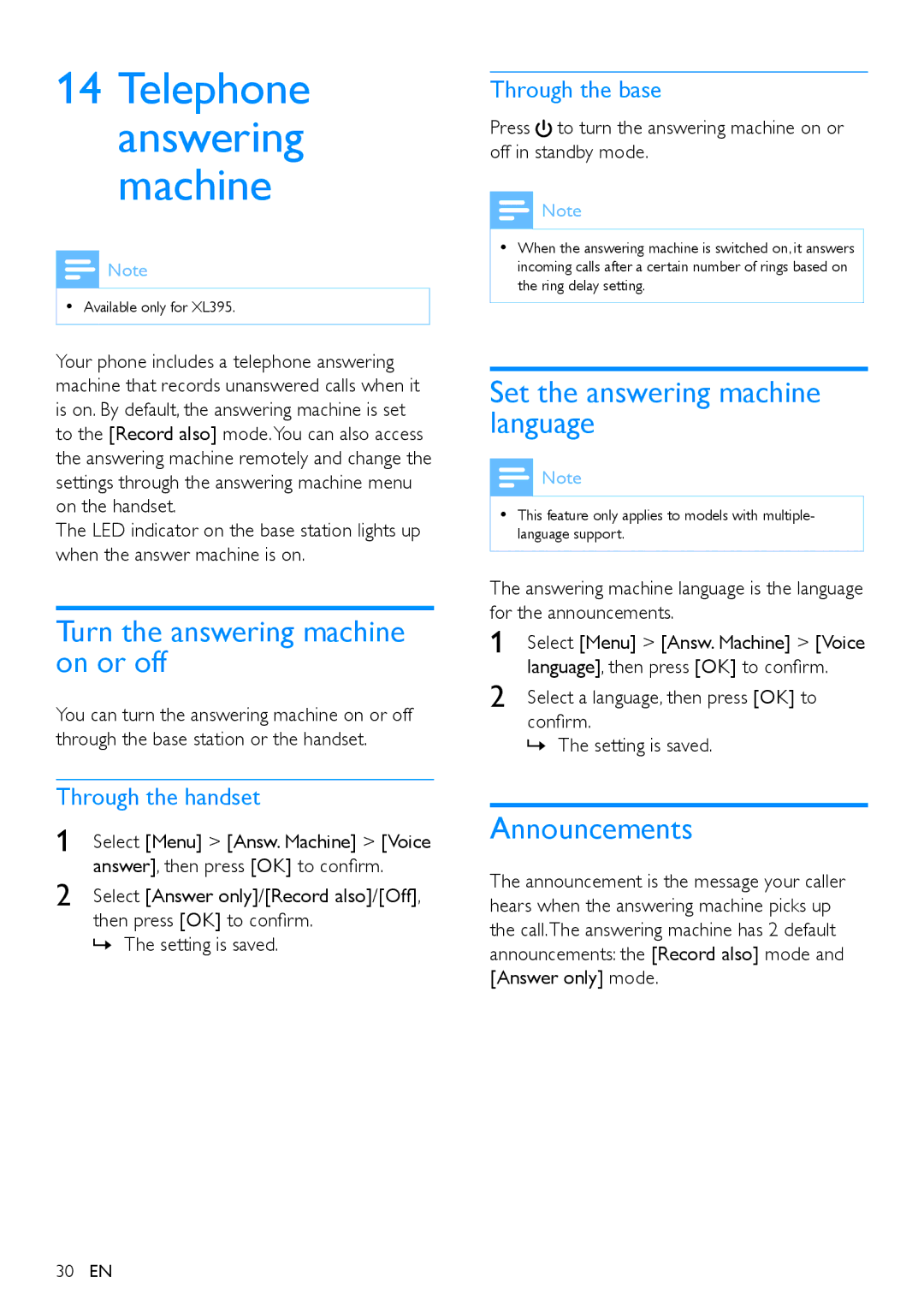 Philips XL395 Turn the answering machine on or off, Set the answering machine language, Announcements, Through the handset 