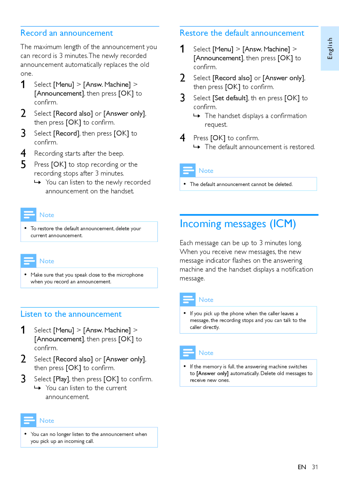 Philips XL390 Incoming messages ICM, Record an announcement, Listen to the announcement, Restore the default announcement 