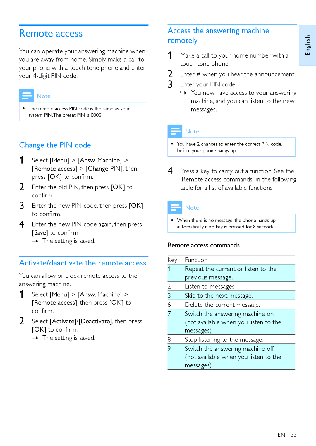 Philips XL390, XL395 user manual Remote access, Change the PIN code, Activate/deactivate the remote access 