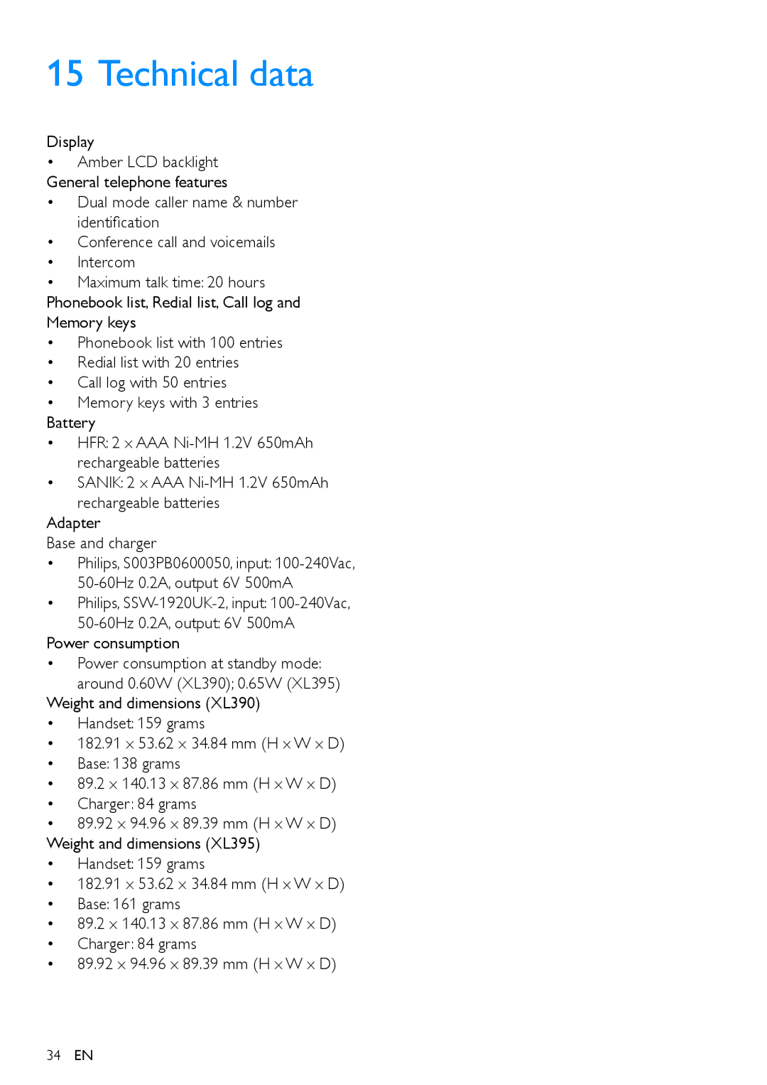 Philips XL395, XL390 user manual Technical data, Display 