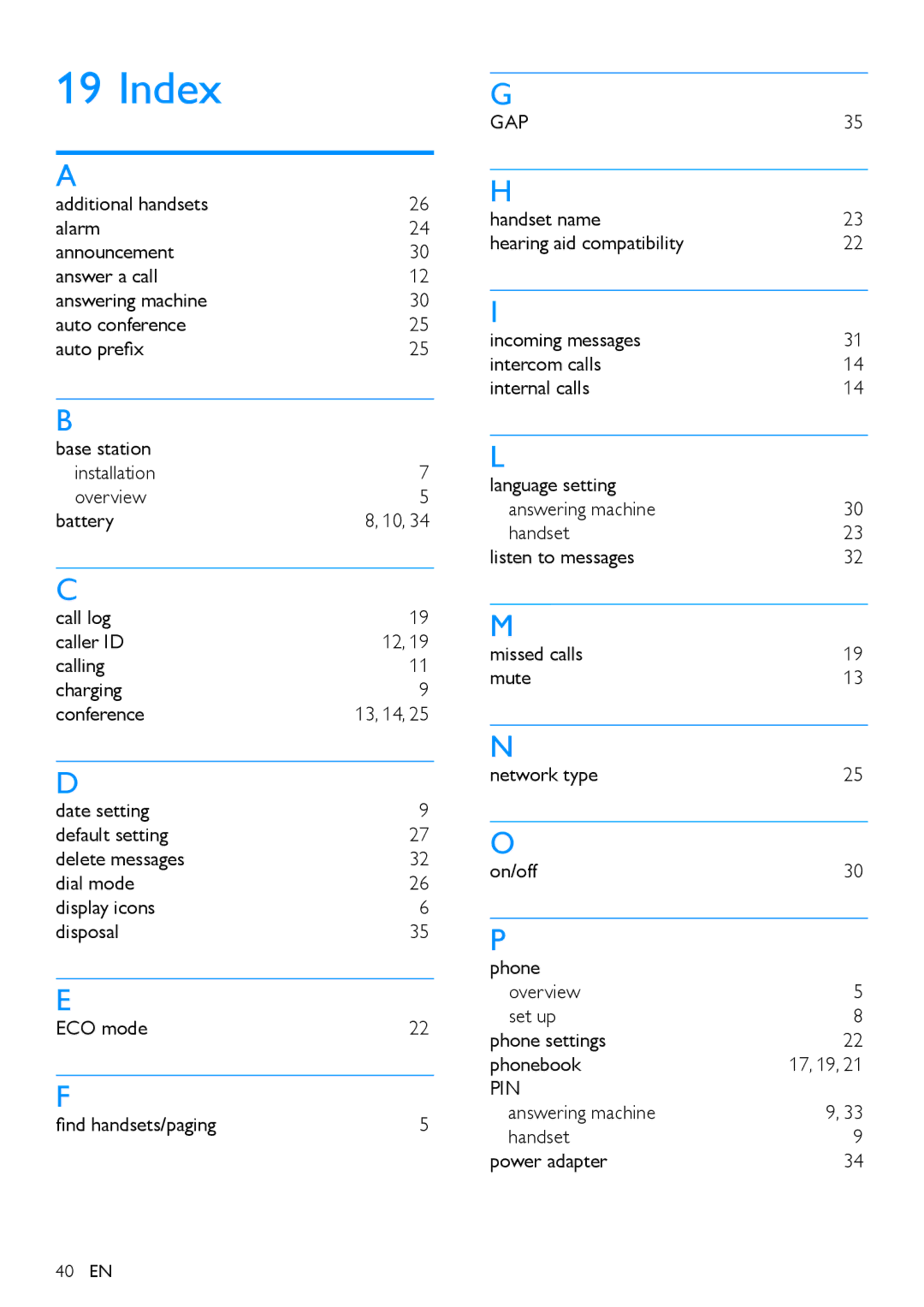 Philips XL395, XL390 user manual Index, Answering machine Handset Power adapter 