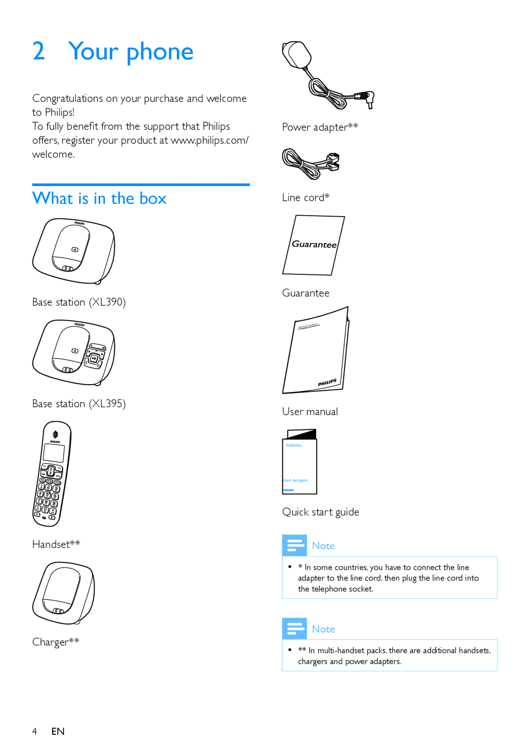 Philips XL395 Your phone, What is in the box, Congratulations on your purchase and welcome to Philips, Quick start guide 