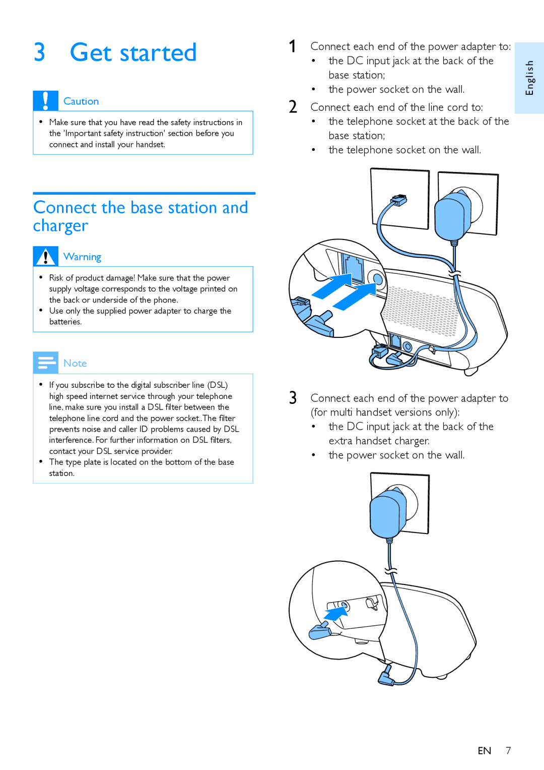 Philips XL390, XL395 user manual Get started, Connect the base station and charger 