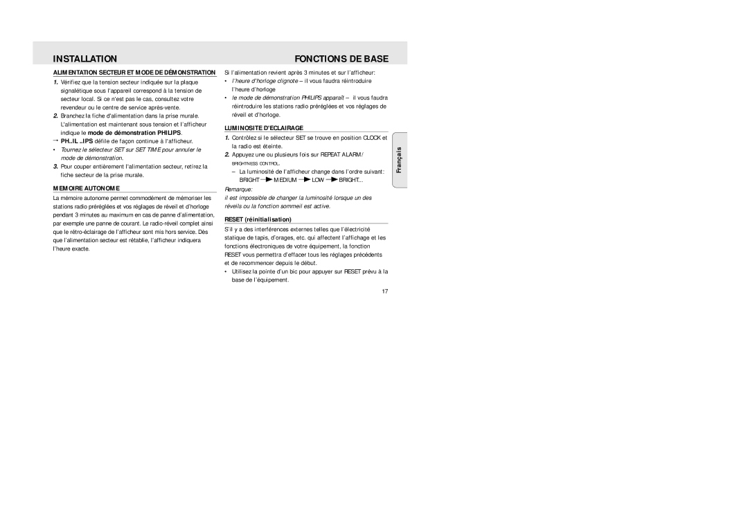 Philips XP AJ 3430 manual Fonctions DE Base, Memoire Autonome, Luminosite Declairage, Remarque, Reset réinitialisation 