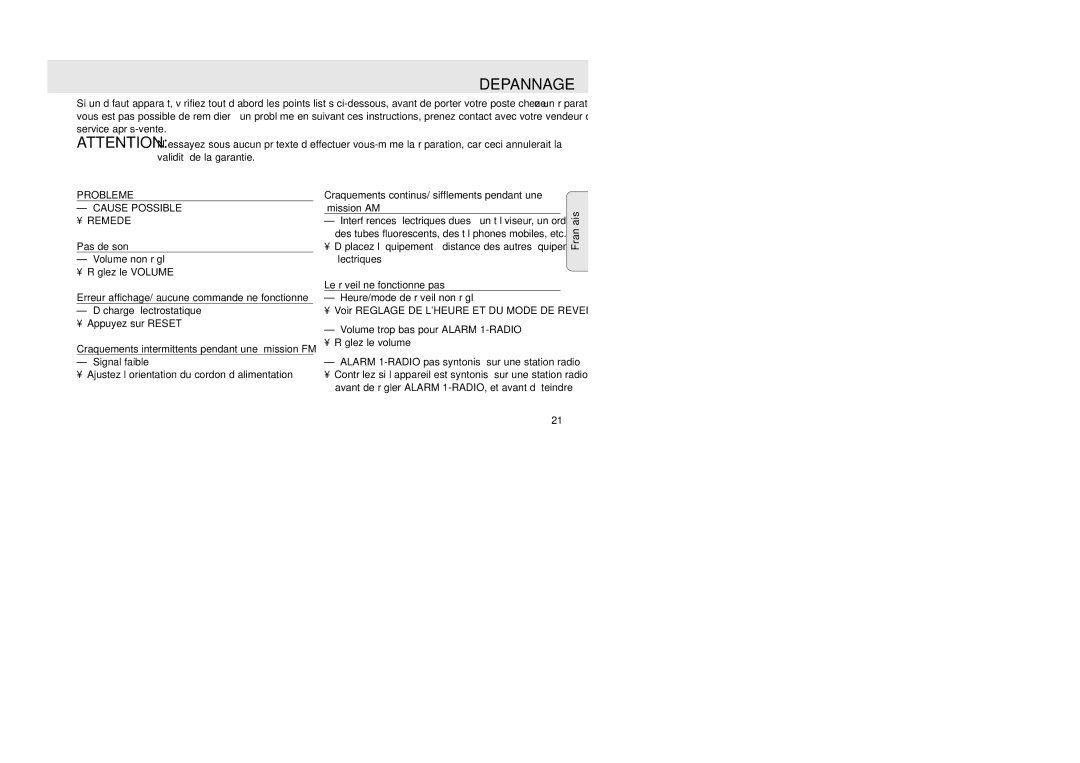 Philips XP AJ 3430 manual Depannage, Probleme, Pas de son, Craquements continus/ sifflements pendant une émission AM 