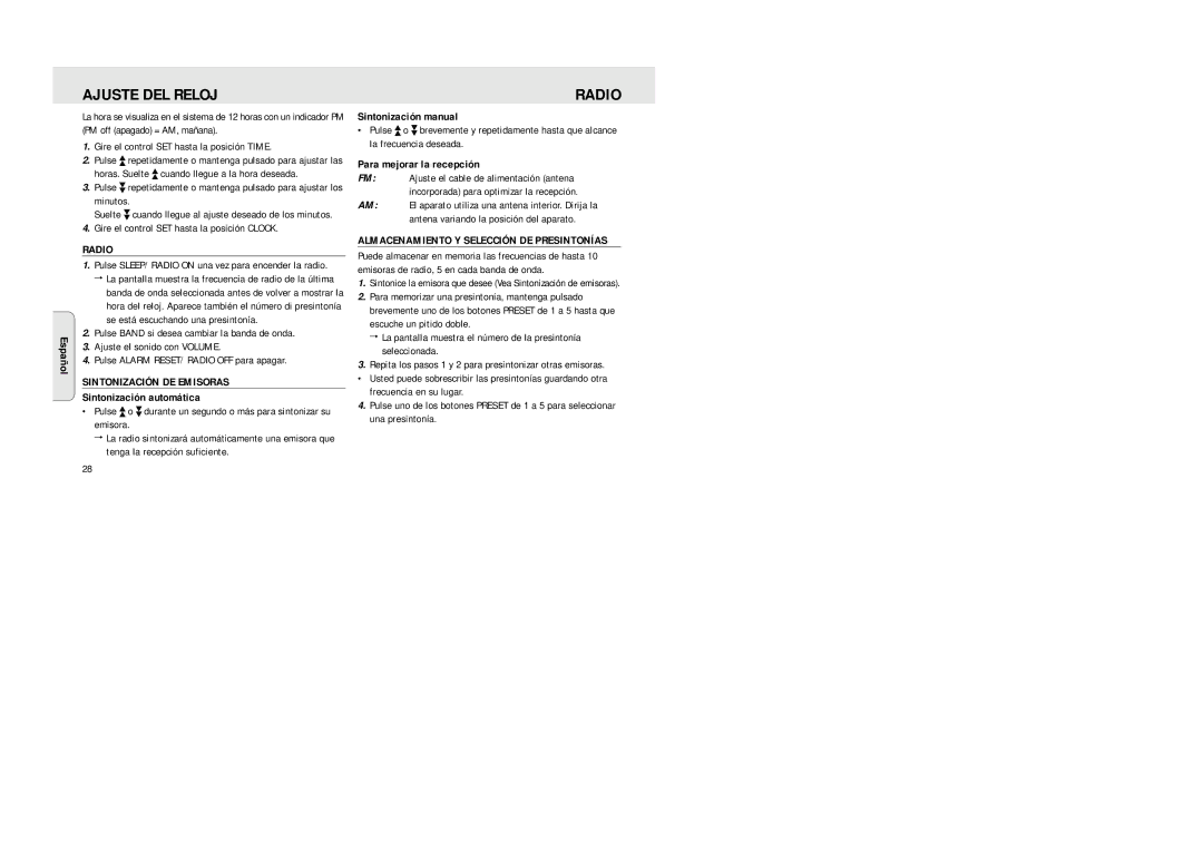 Philips XP AJ 3430 manual Ajuste DEL Reloj, Sintonización DE Emisoras, Almacenamiento Y Selección DE Presintonías 