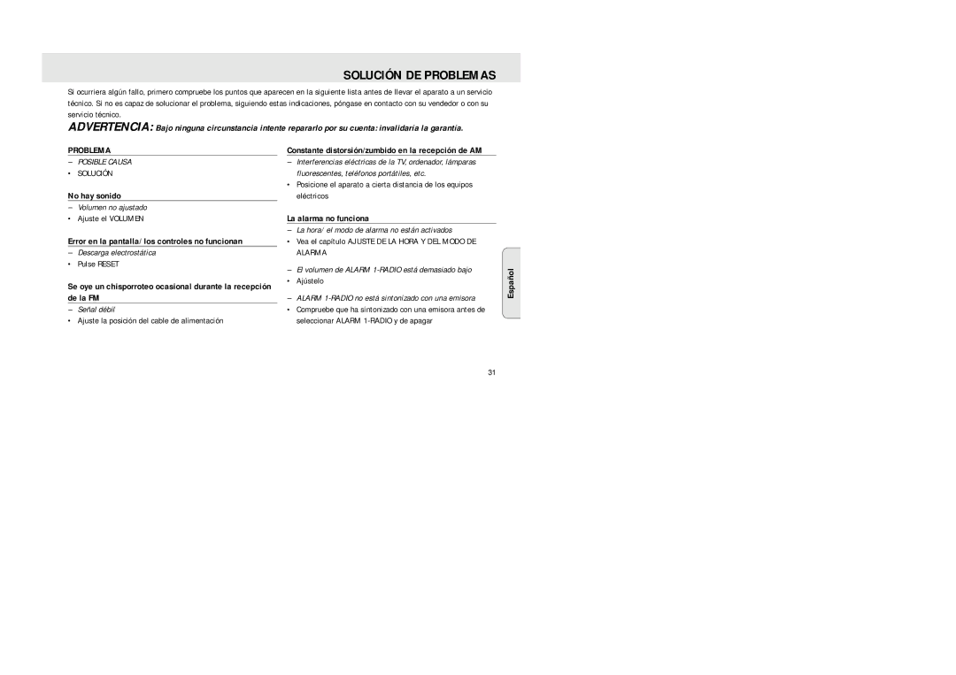 Philips XP AJ 3430 manual Solución DE Problemas, No hay sonido, Error en la pantalla/ los controles no funcionan 
