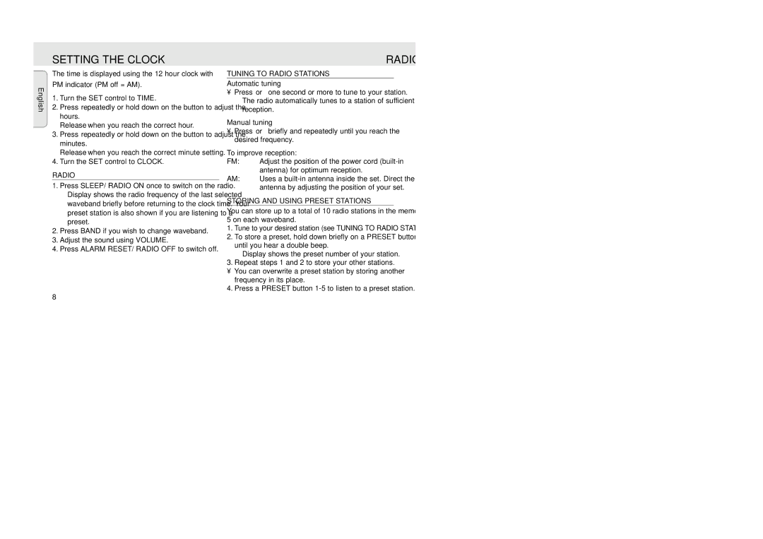 Philips XP AJ 3430 manual Setting the Clock, Tuning to Radio Stations, Storing and Using Preset Stations 