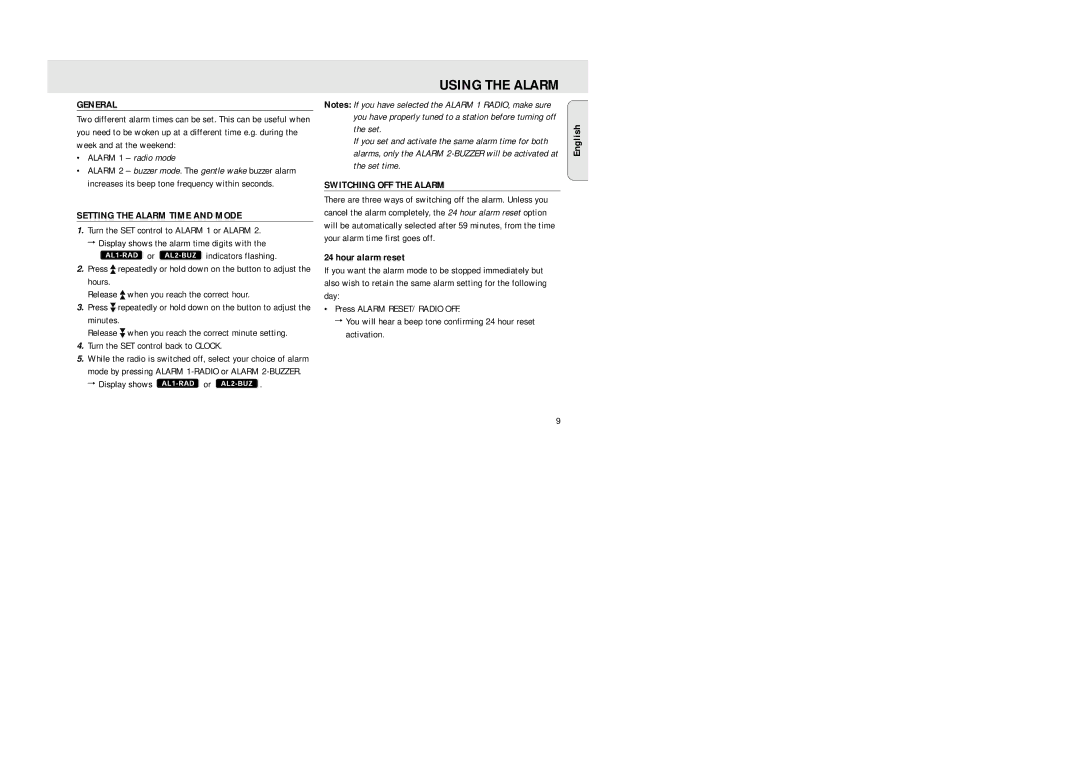 Philips XP AJ 3430 Using the Alarm, General, Setting the Alarm Time and Mode, Switching OFF the Alarm, Hour alarm reset 