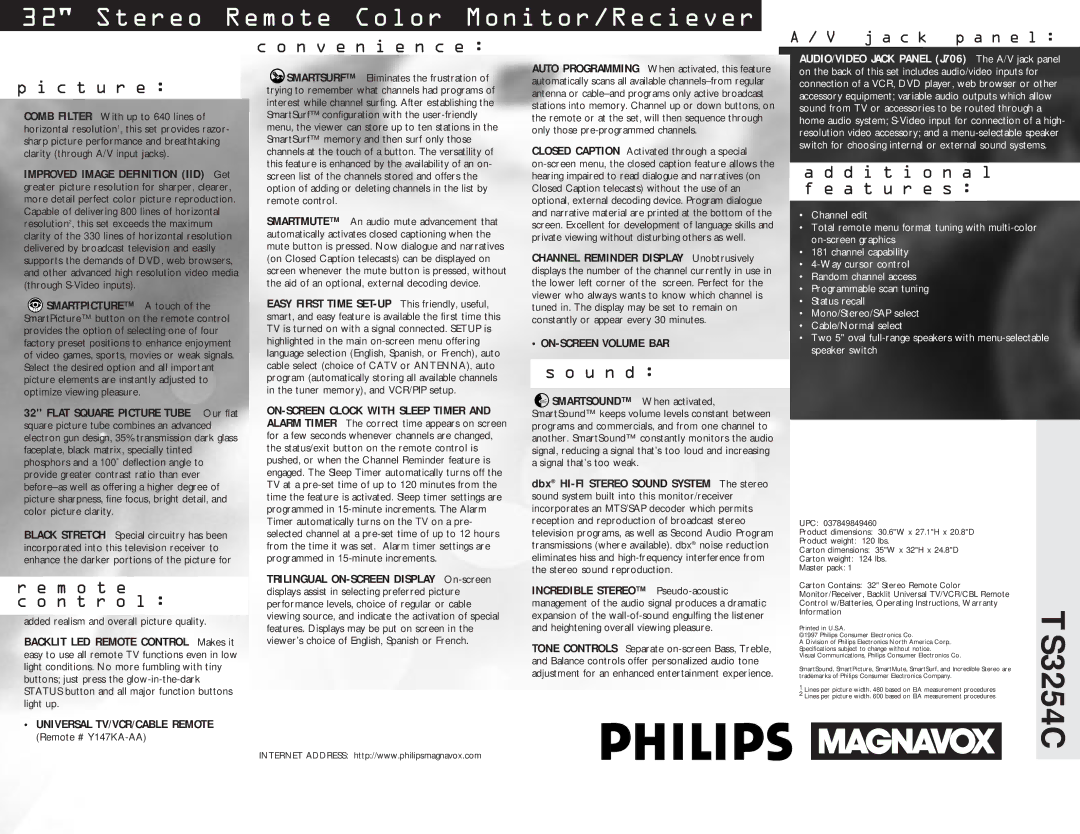 Philips Y147KA-AA, TS3254C manual C t u r e, M o t e N t r o l, N v e n i e n c e, U n d, D i t i o n a l f e a t u r e s 