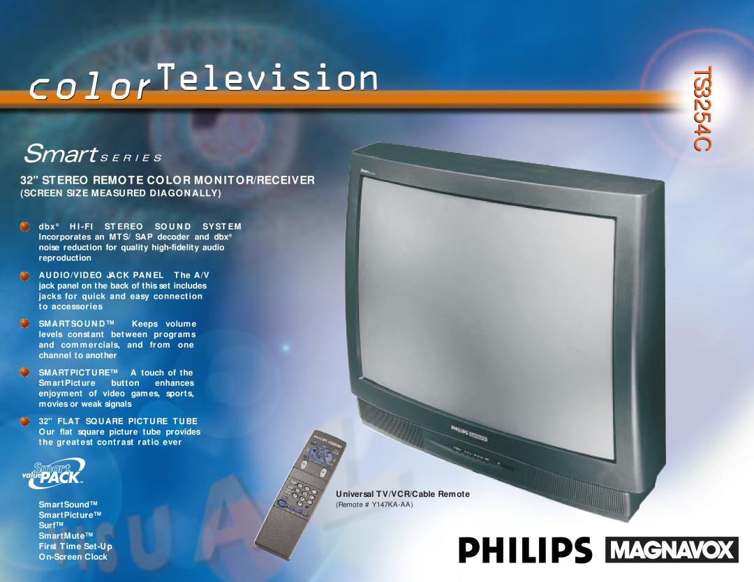Philips manual colorTelevision, TS3254CTS3254C, Stereo Remote Color Monitor/Receiver, Screen Size Measured Diagonally 