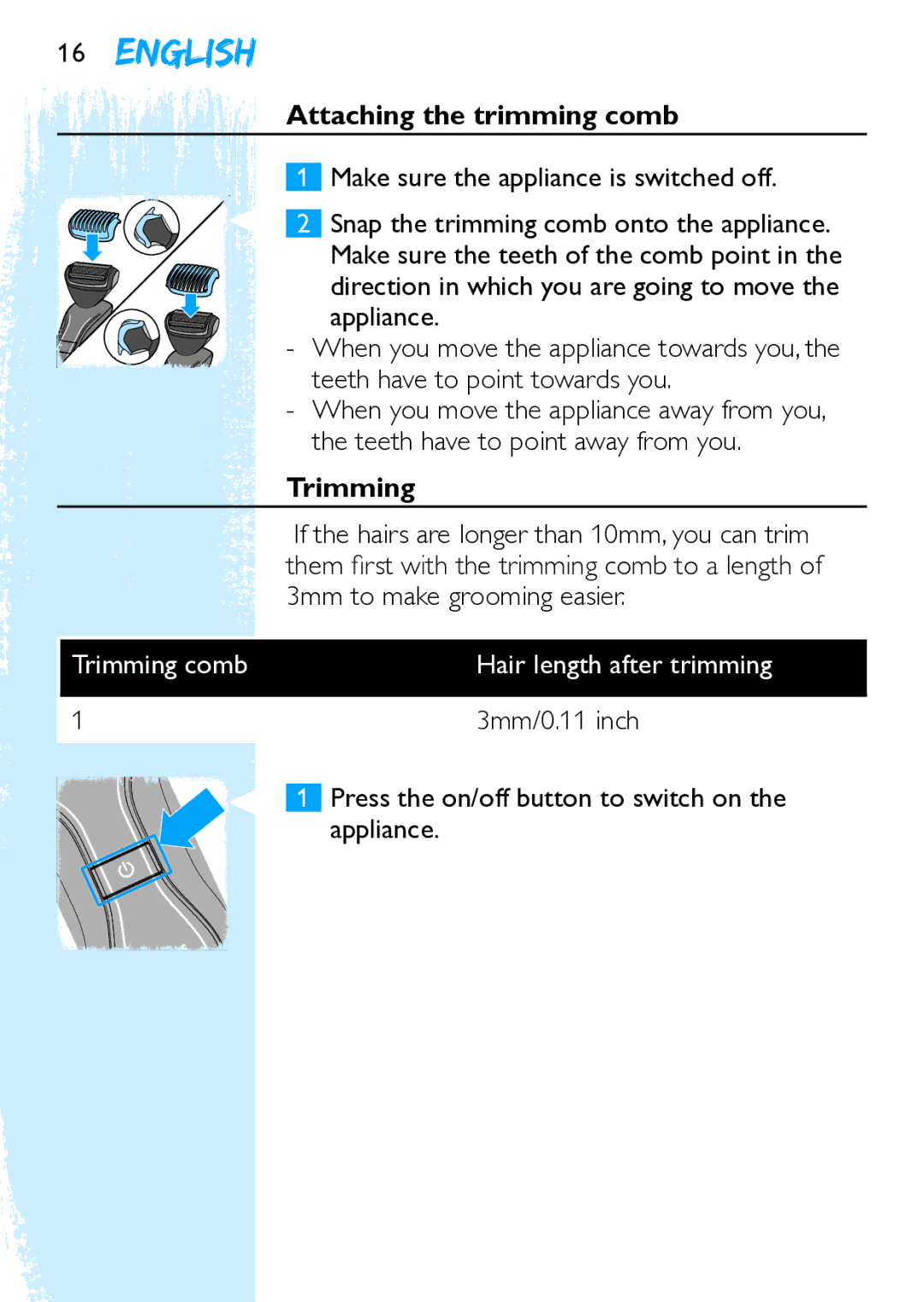 Philips Y5524 manual Attaching the trimming comb, Trimming 