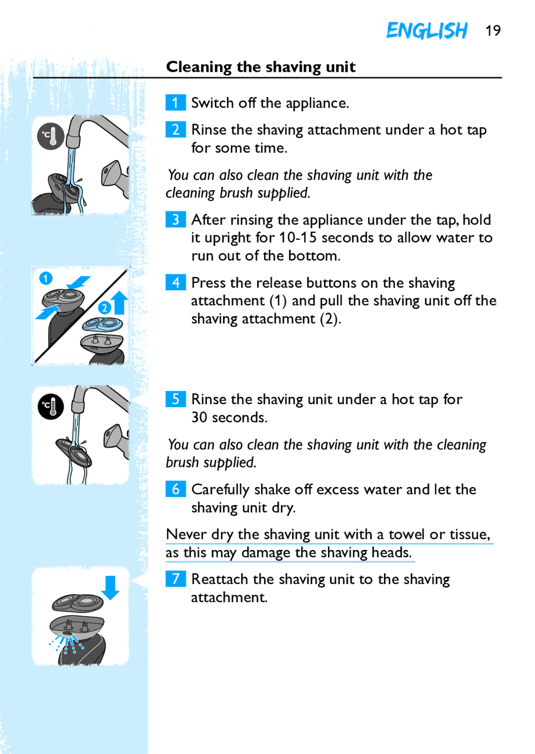 Philips Y5524 manual Cleaning the shaving unit, Reattach the shaving unit to the shaving attachment 