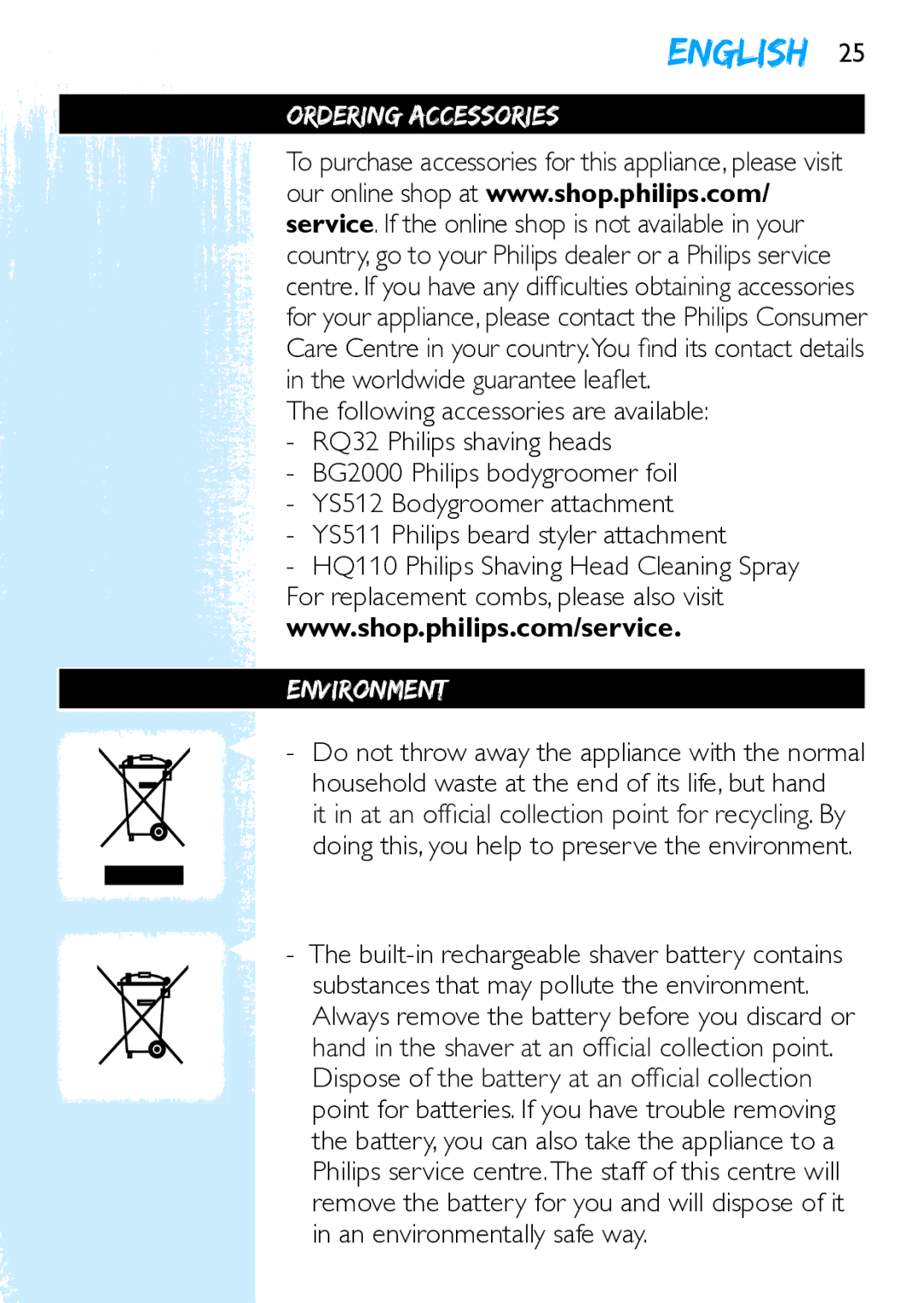 Philips Y5524 manual Ordering Accessories, YS511 Philips beard styler attachment, Environment 