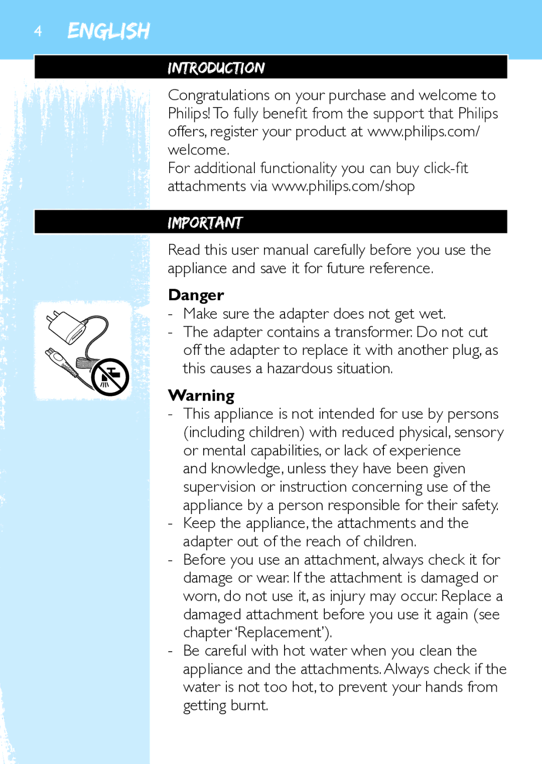 Philips Y5524 manual Introduction, Make sure the adapter does not get wet 