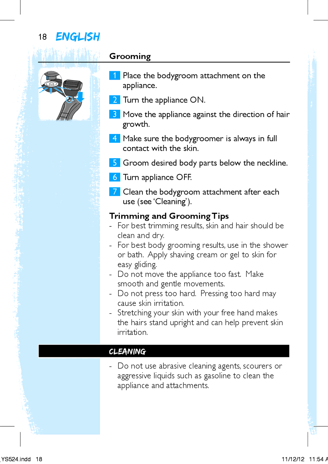 Philips YS524 manual Trimming and Grooming Tips, Cleaning 