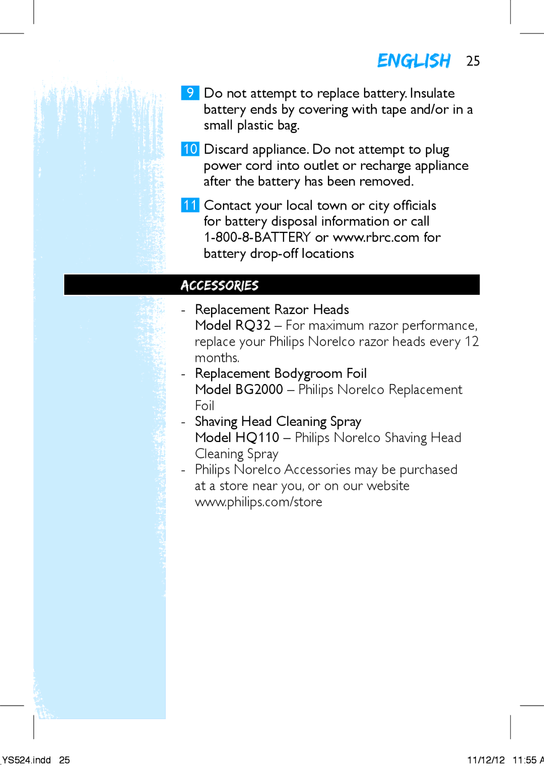 Philips YS524 manual Accessories 