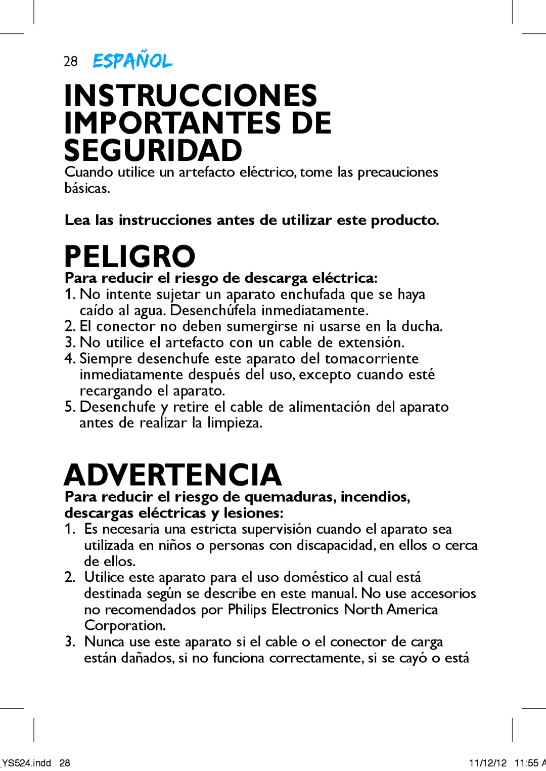 Philips YS524 manual Instrucciones Importantes DE Seguridad 