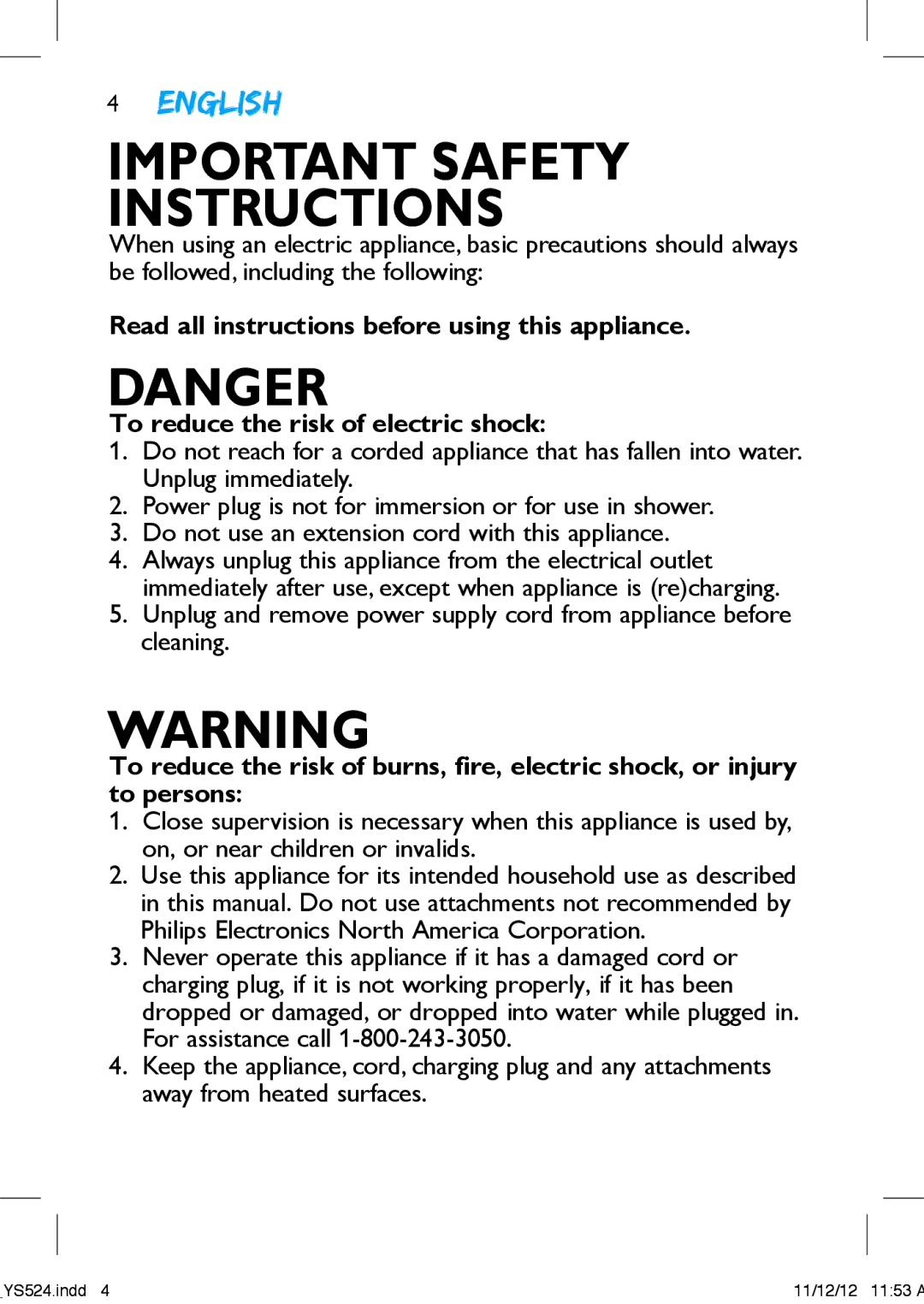 Philips YS524 manual Important Safety Instructions 