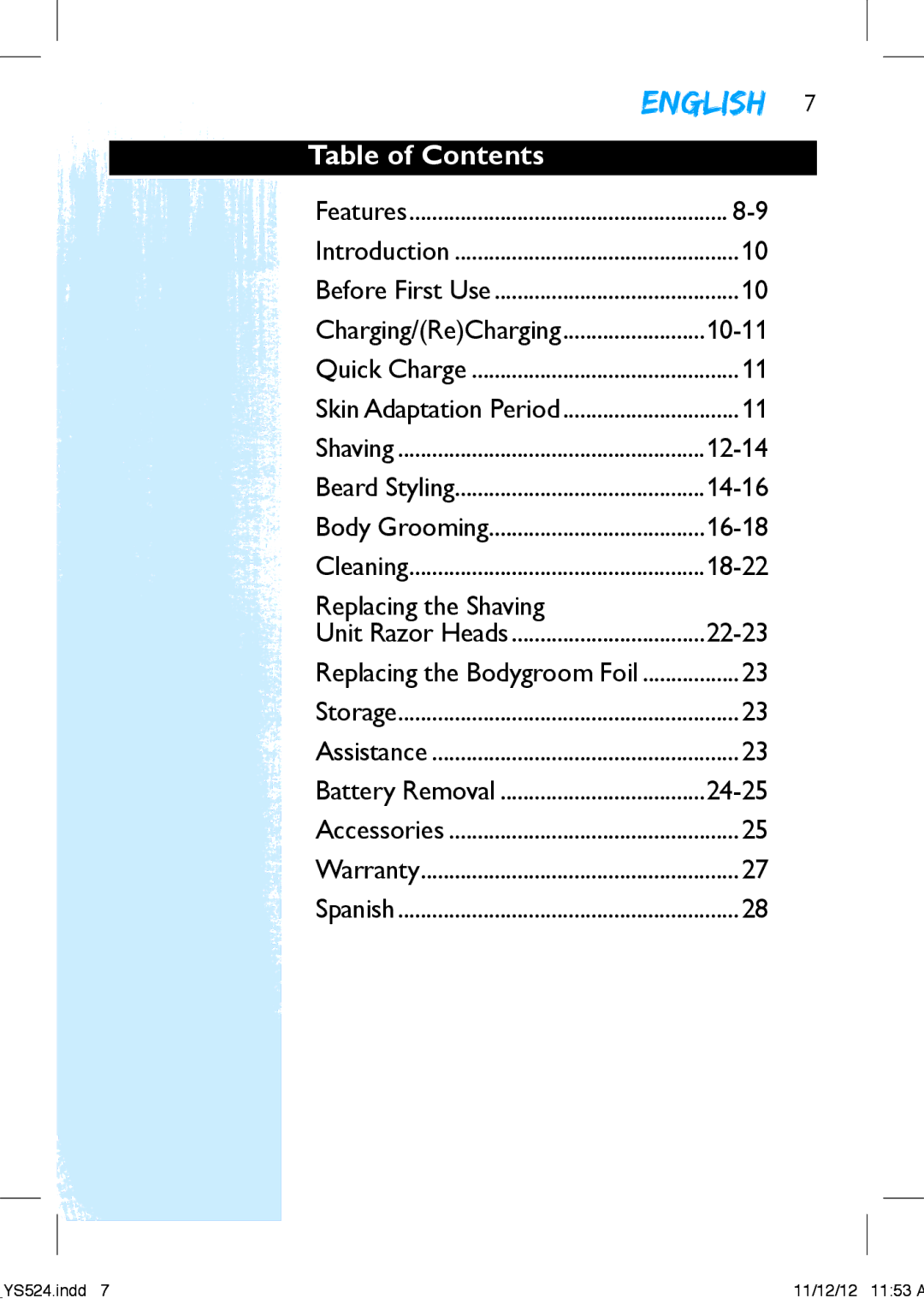 Philips YS524 manual Table of Contents 