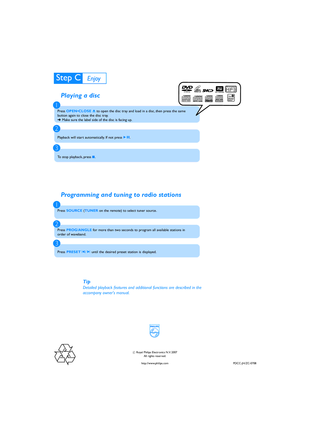 Philips ZC-0708, PDCC-JH quick start Playing a disc, Programming and tuning to radio stations 