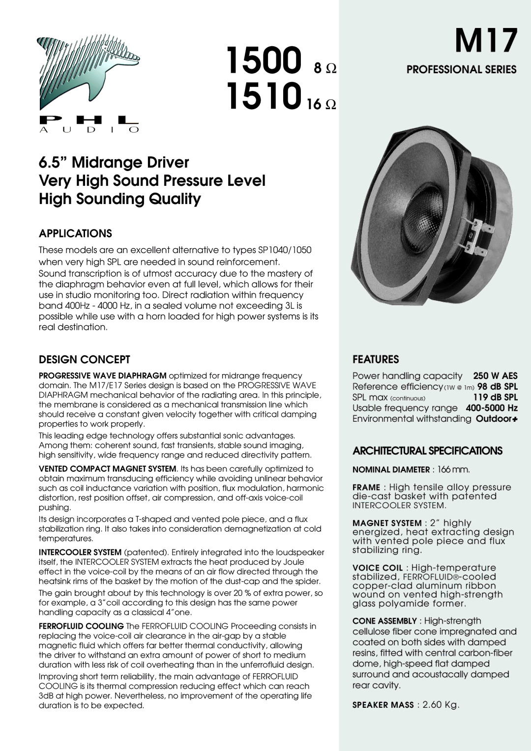 PHL Audio specifications 1500 8 Ω, 1510 16 Ω 