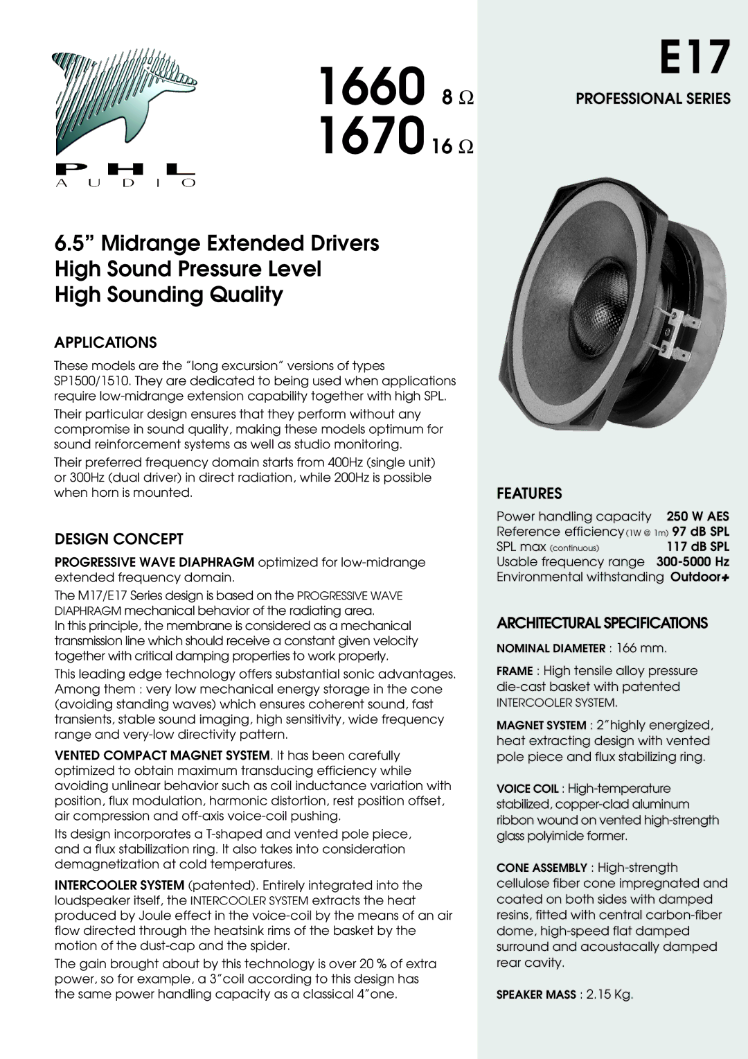 PHL Audio specifications 1660 8 Ω, 1670 16 Ω 