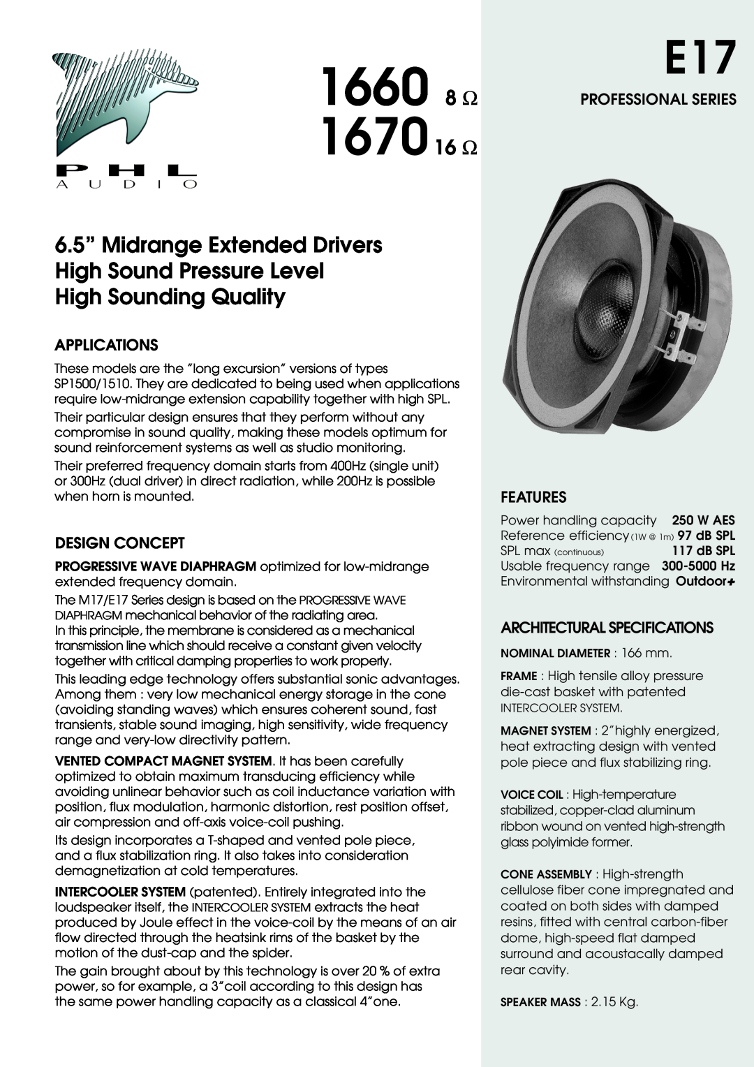 PHL Audio specifications Applications, Design Concept, Features, Architectural Specifications, 1660 8 Ω, 1670 16 Ω 