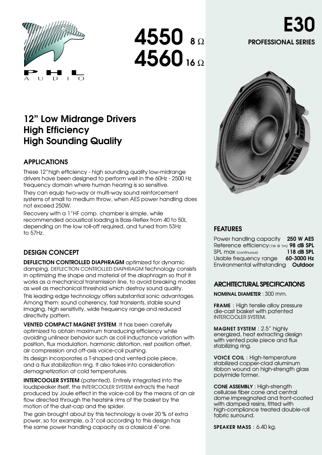 PHL Audio 4550 specifications Applications, Design Concept, Features, Architectural Specifications, Intercooler System 