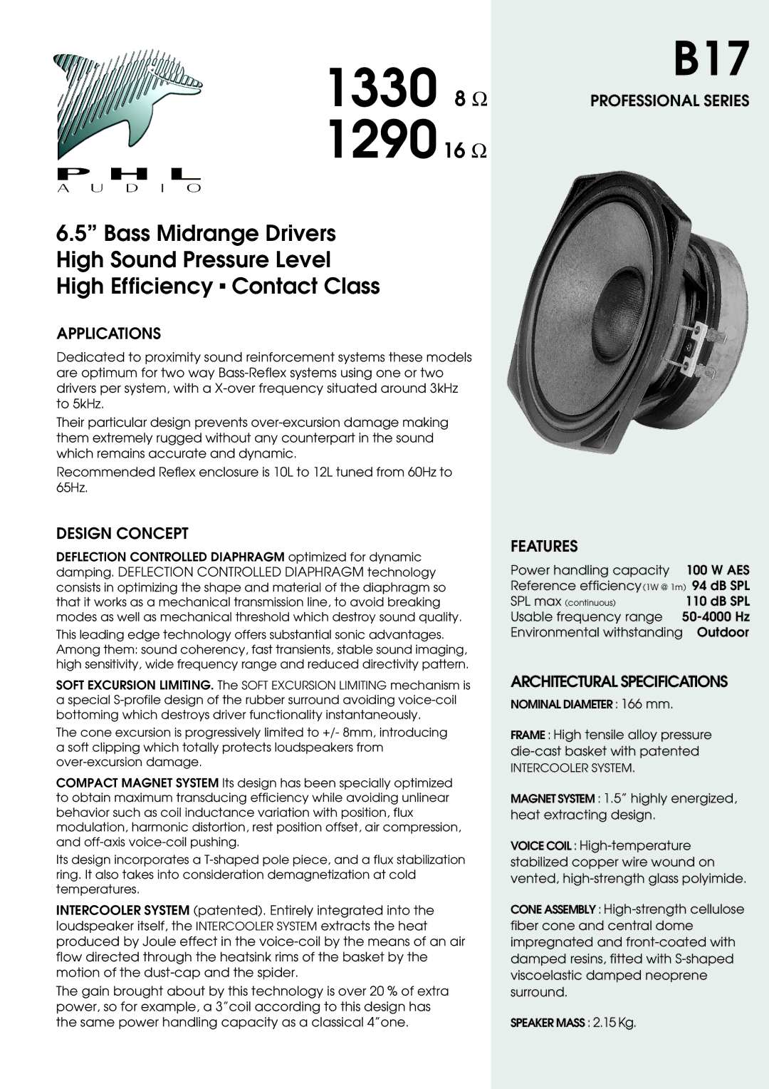 PHL Audio B17 specifications 1330 8 Ω, 1290 16 Ω 