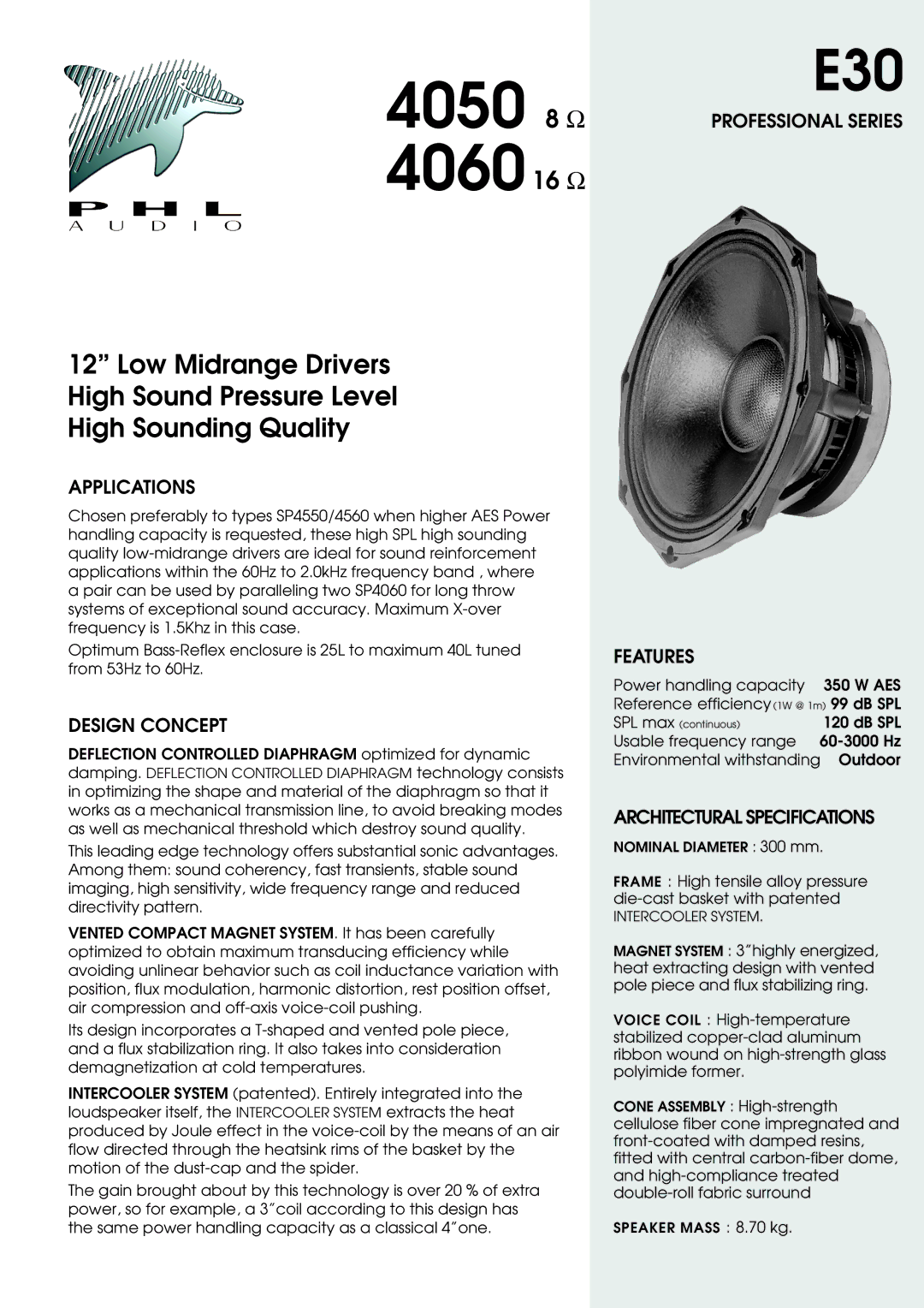 PHL Audio E30 specifications 4050 8 Ω, 4060 16 Ω 