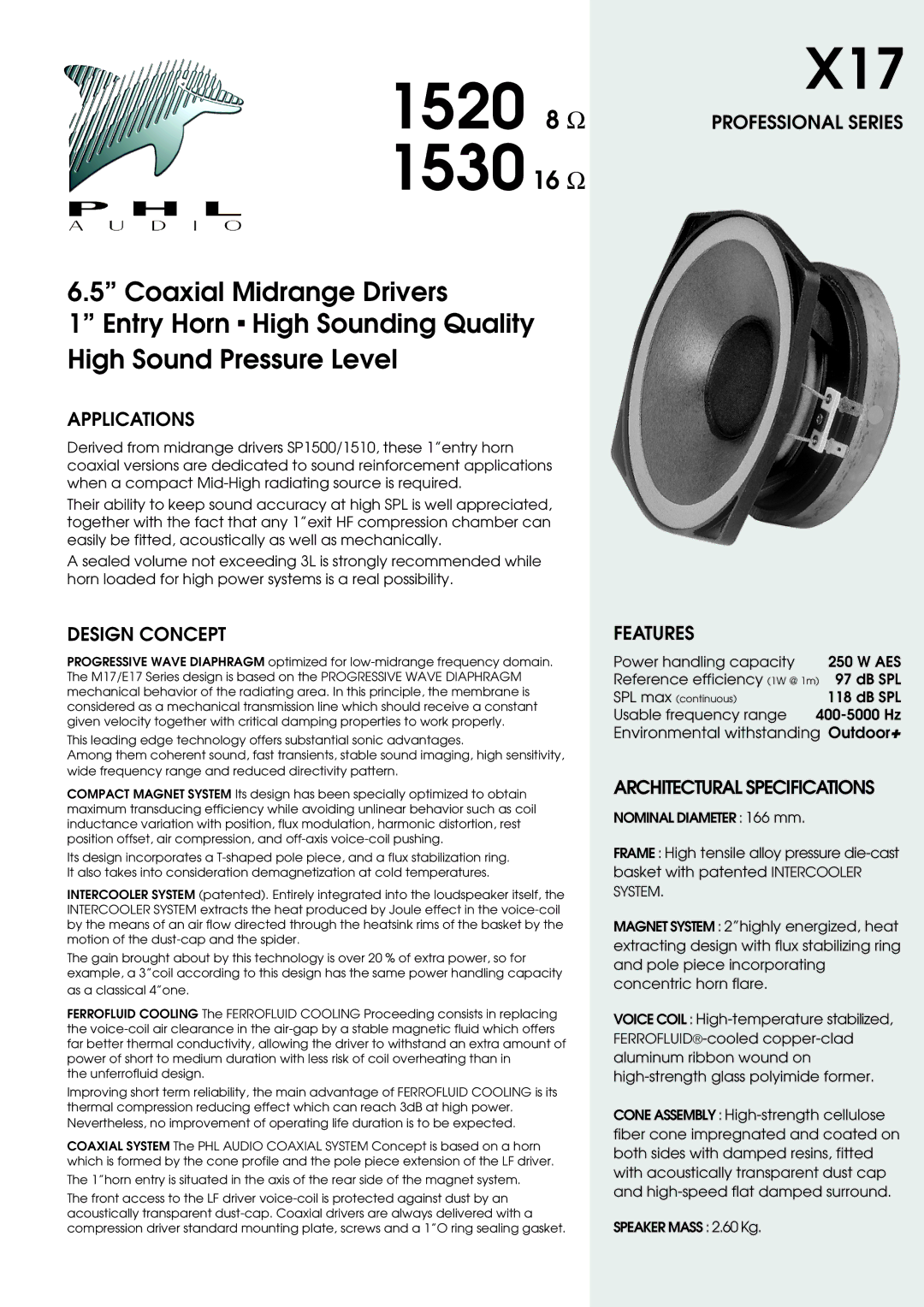 PHL Audio X17 specifications 1520 8 Ω, 1530 16 Ω 