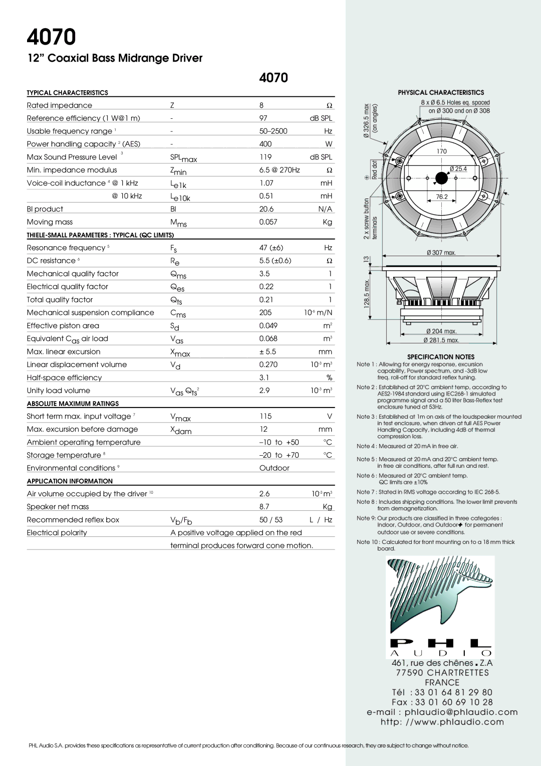 PHL Audio X30 specifications Typical Characteristics, THIELE-SMALL Parameters Typical QC Limits, Absolute Maximum Ratings 