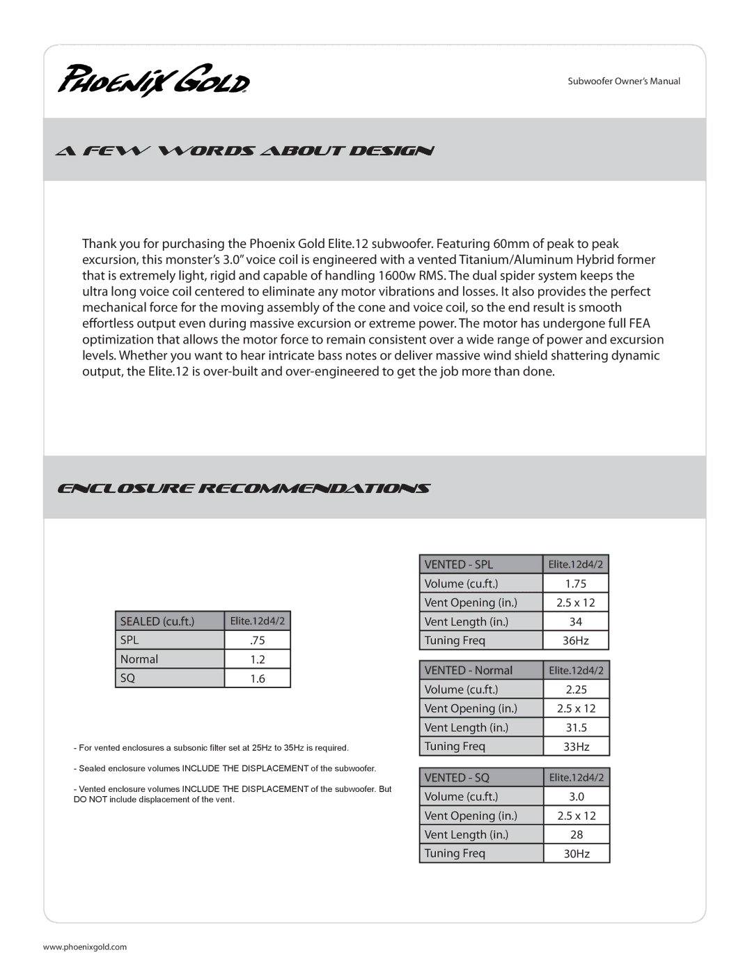 Phoenix Gold 12D2, 12D4/D2 owner manual FEW Words about Design, Spl 