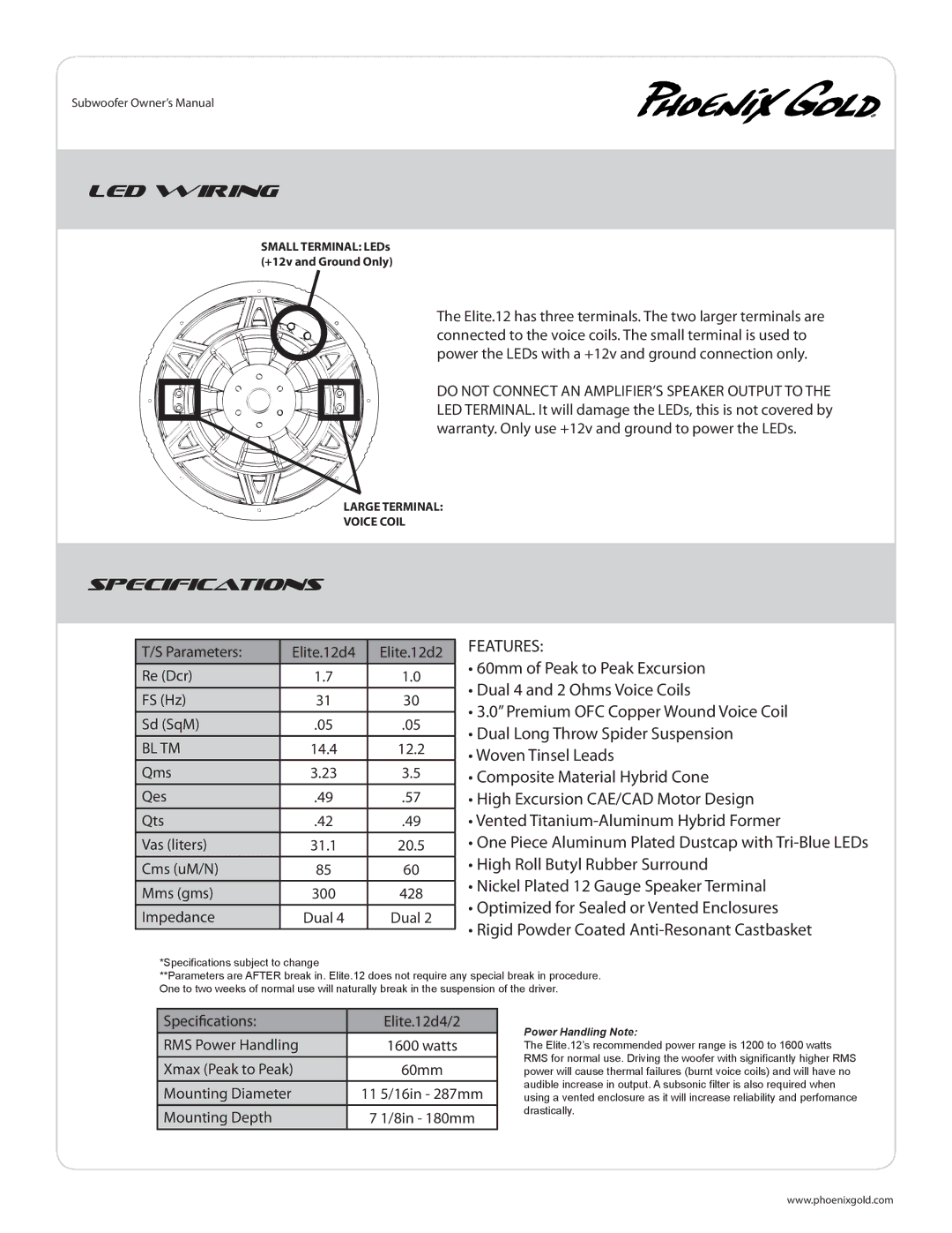 Phoenix Gold 12D4/D2, 12D2 owner manual LED Wiring, Specifications 