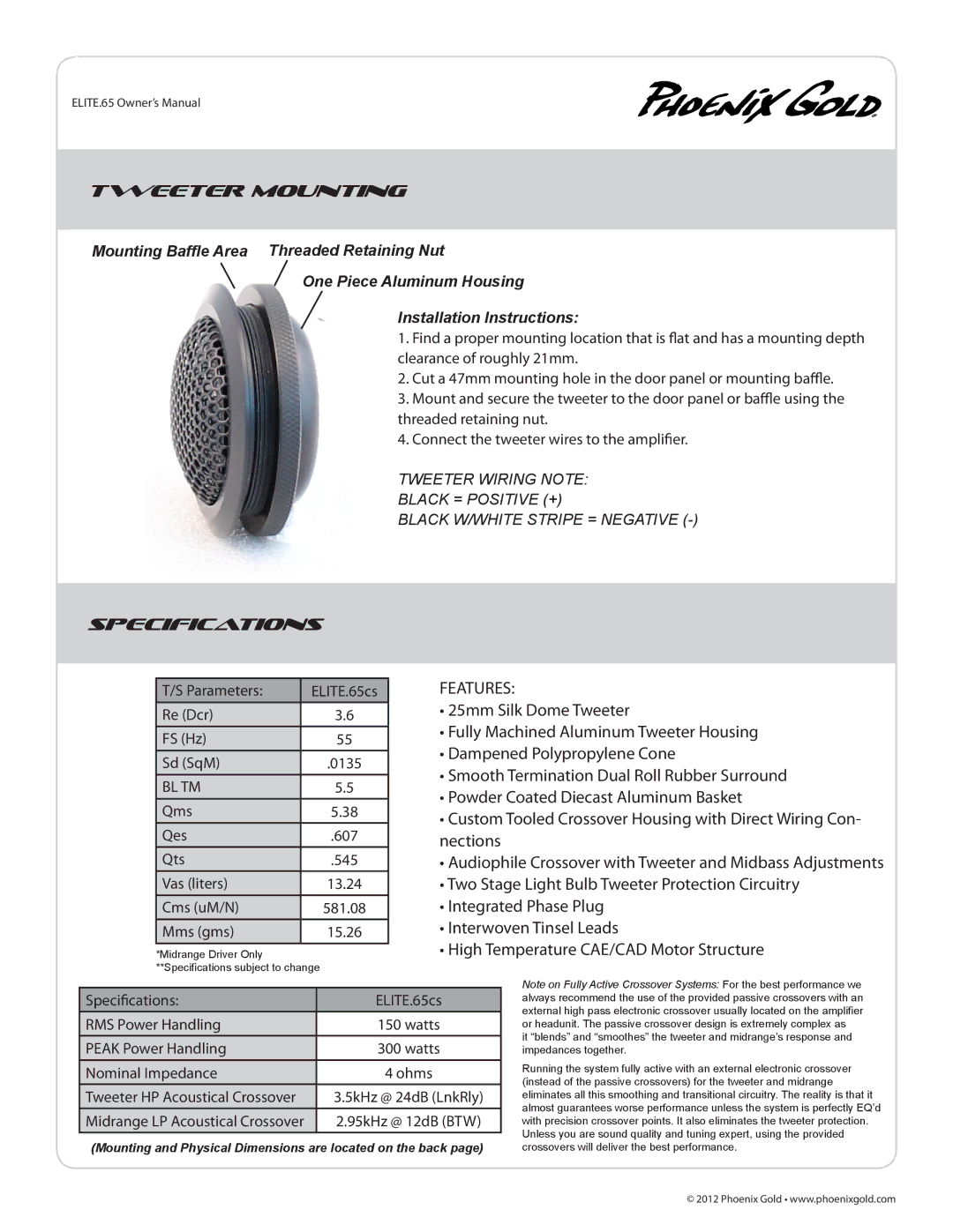 Phoenix Gold 65CS owner manual Tweeter Mounting, Specifications 