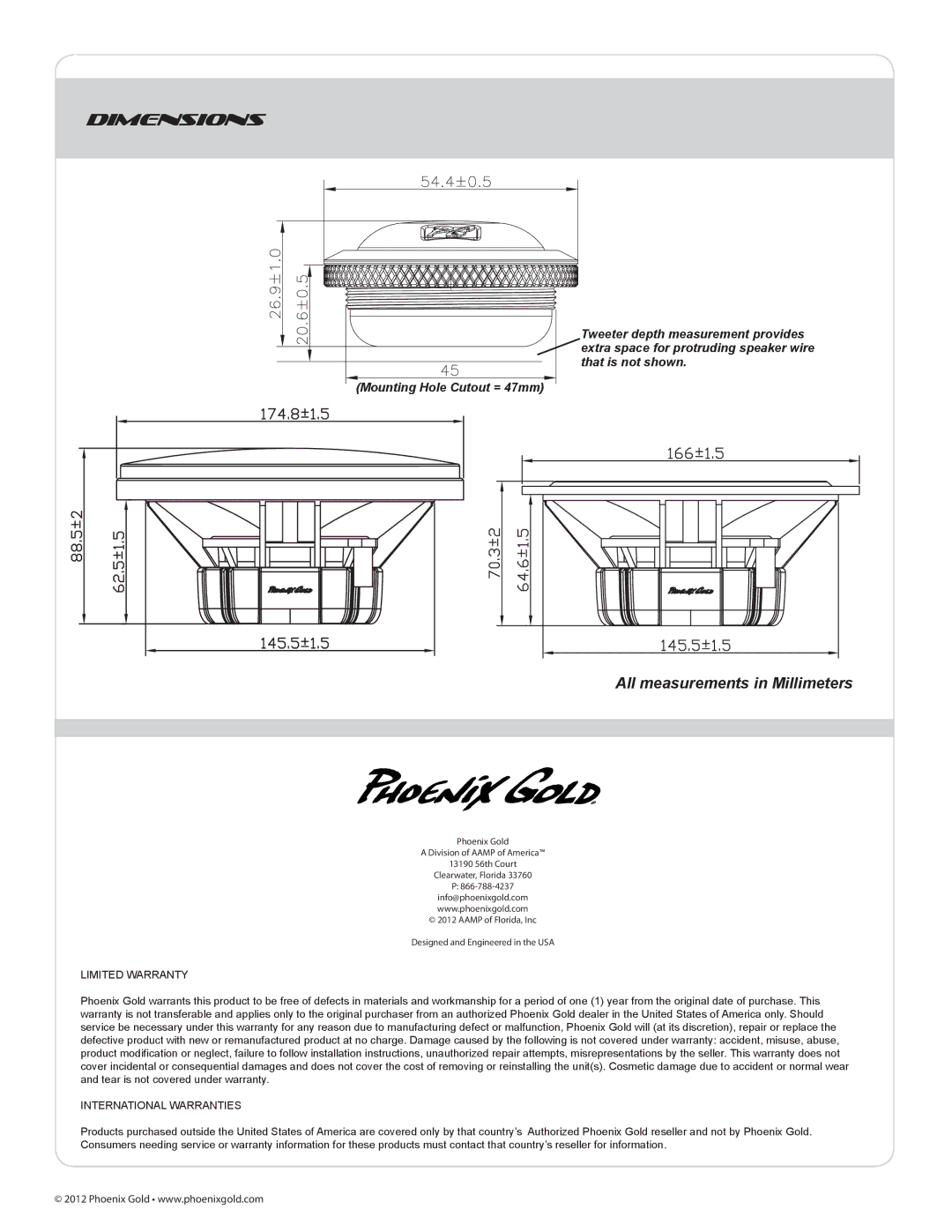 Phoenix Gold 65CS owner manual Dimensions, All measurements in Millimeters 