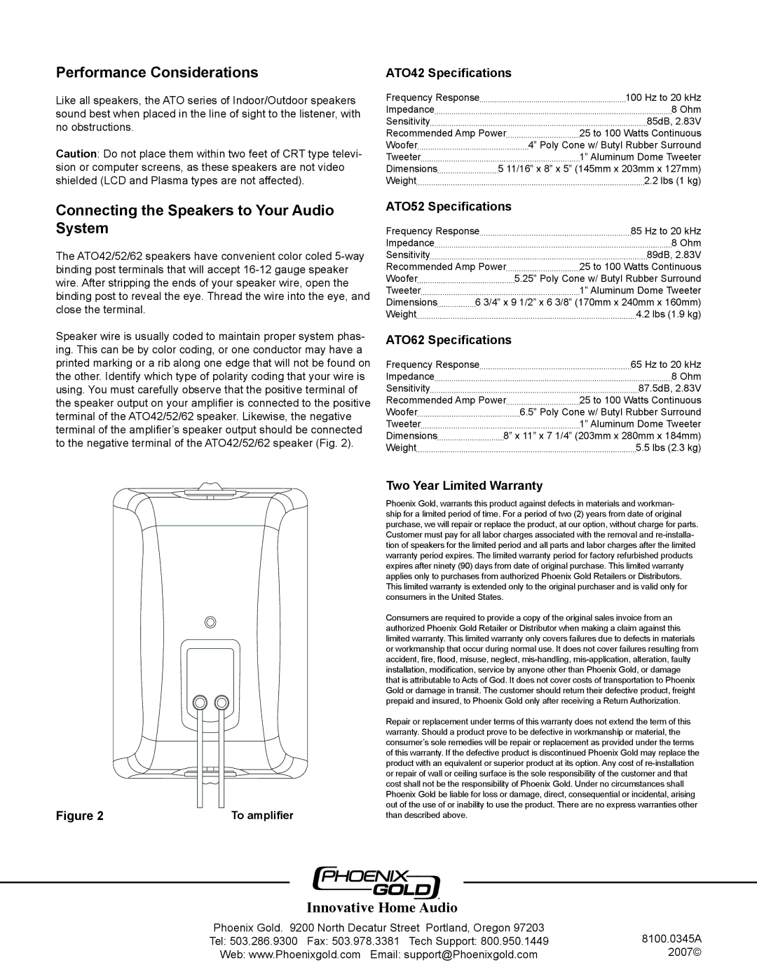 Phoenix Gold ATO42/52/62 installation manual Performance Considerations, Connecting the Speakers to Your Audio System 