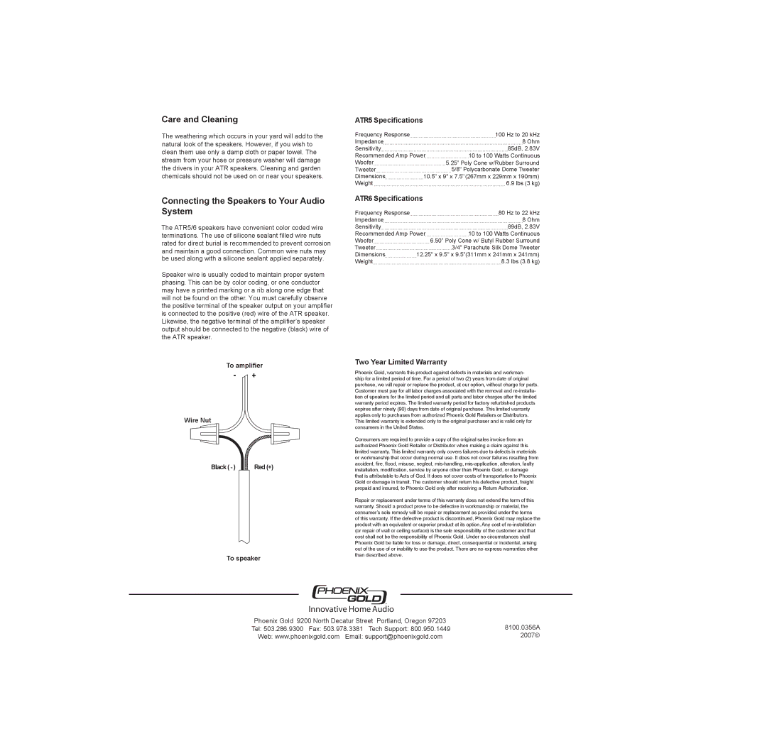 Phoenix Gold Care and Cleaning, Connecting the Speakers to Your Audio System, ATR5 Speciﬁcations, ATR6 Speciﬁcations 