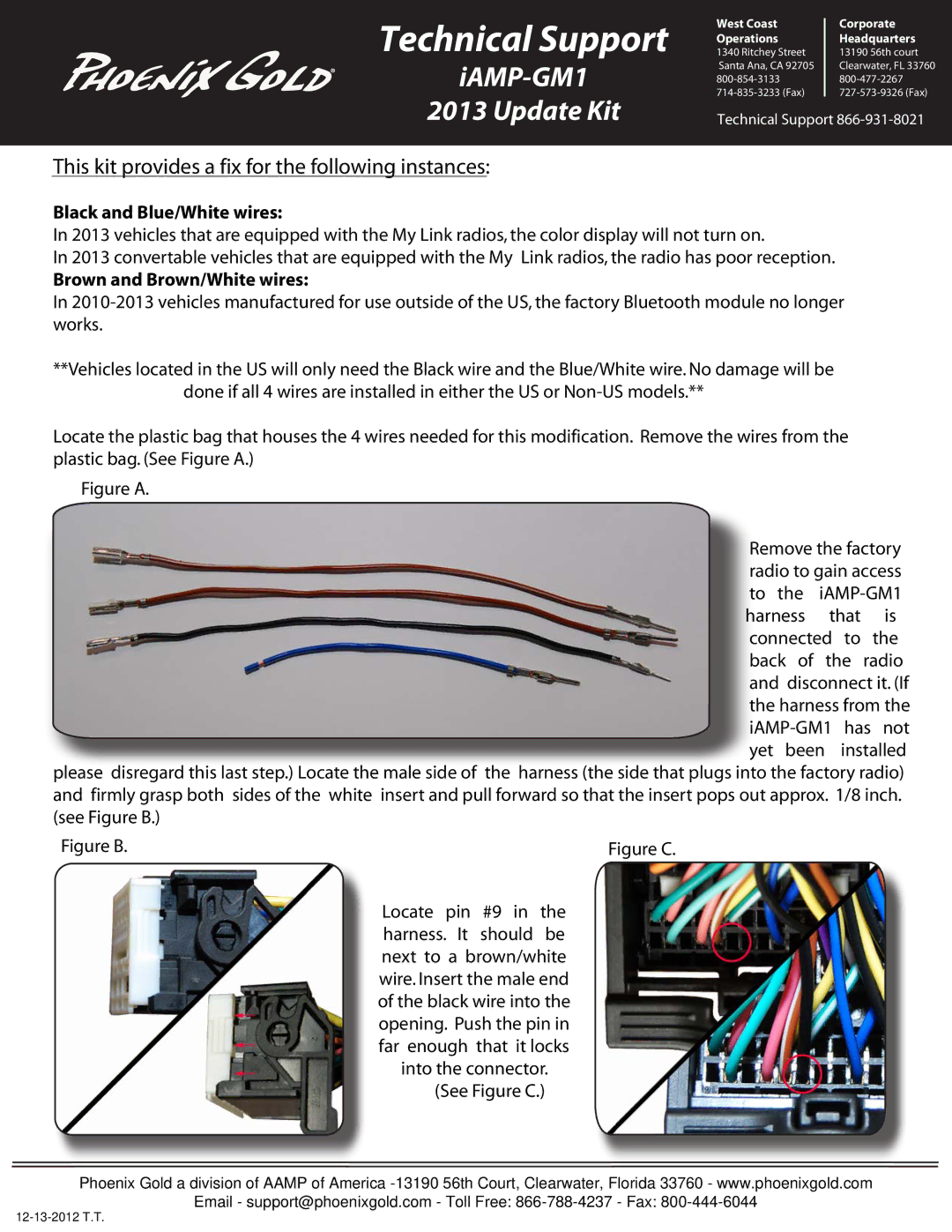 Phoenix Gold manual Technical Support, IAMP-GM1 Update Kit, This kit provides a fix for the following instances 