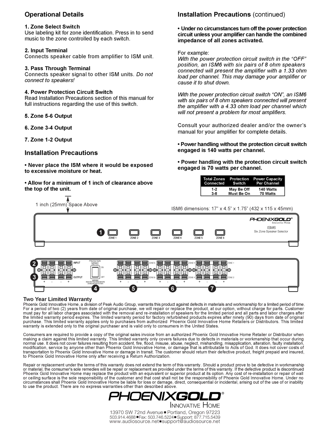 Phoenix Gold ISM6, 6 Zone Stereo Speaker Selector installation manual Operational Details, Installation Precautions 