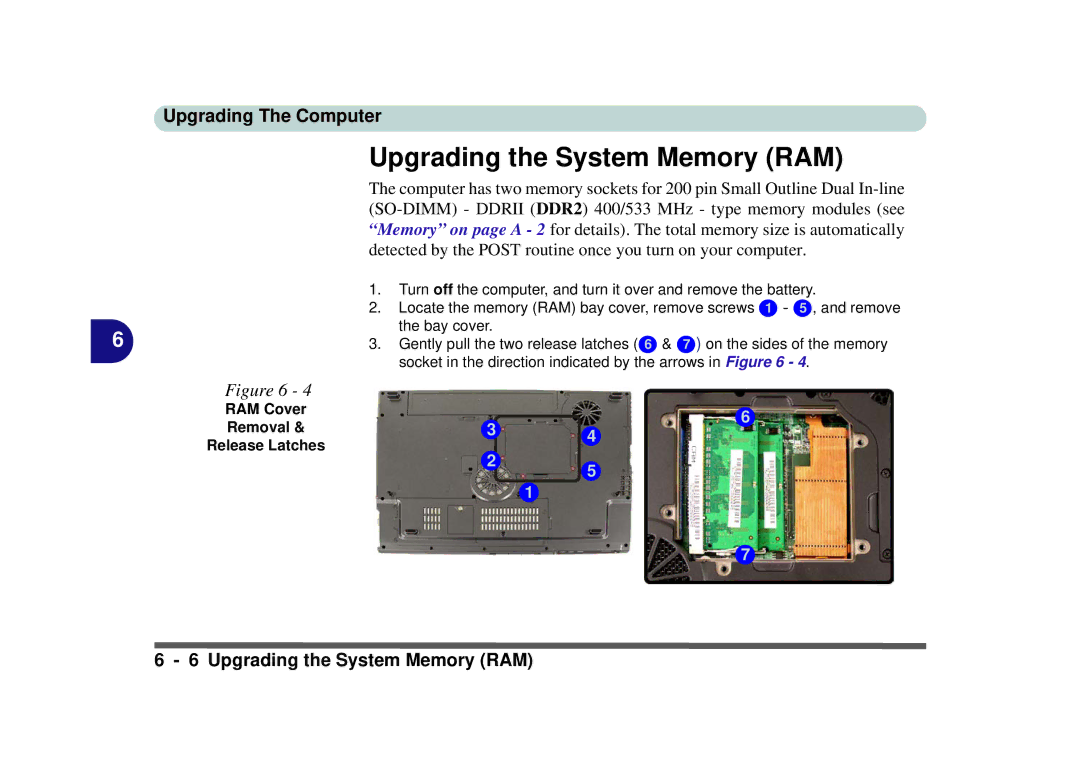 Phoenix Gold pmn manual Upgrading the System Memory RAM, RAM Cover Removal Release Latches 