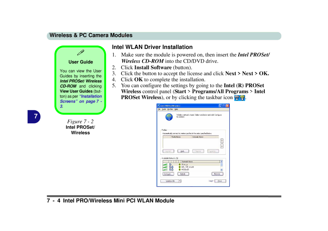 Phoenix Gold pmn manual Intel Wlan Driver Installation, User Guide, Intel PROSet Wireless 