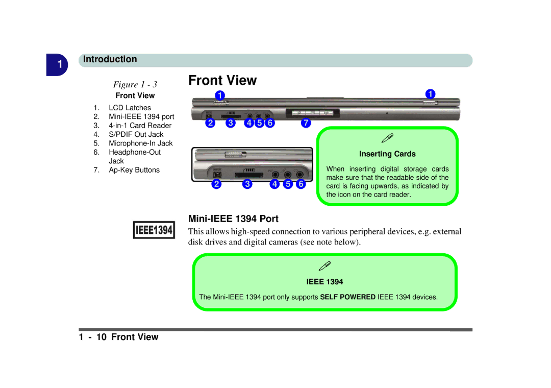 Phoenix Gold pmn manual Front View, Mini-IEEE 1394 Port, Inserting Cards, Ieee 