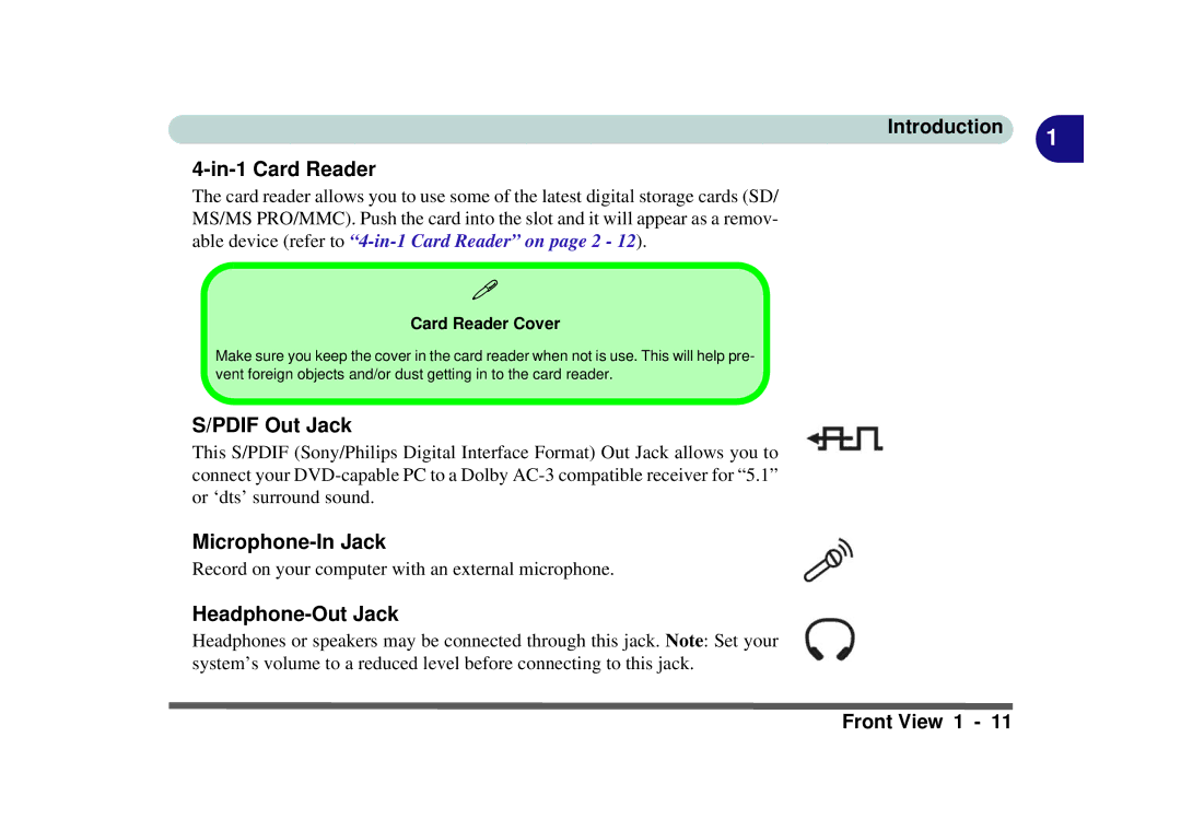 Phoenix Gold pmn manual In-1 Card Reader, Pdif Out Jack, Microphone-In Jack, Headphone-Out Jack, Card Reader Cover 