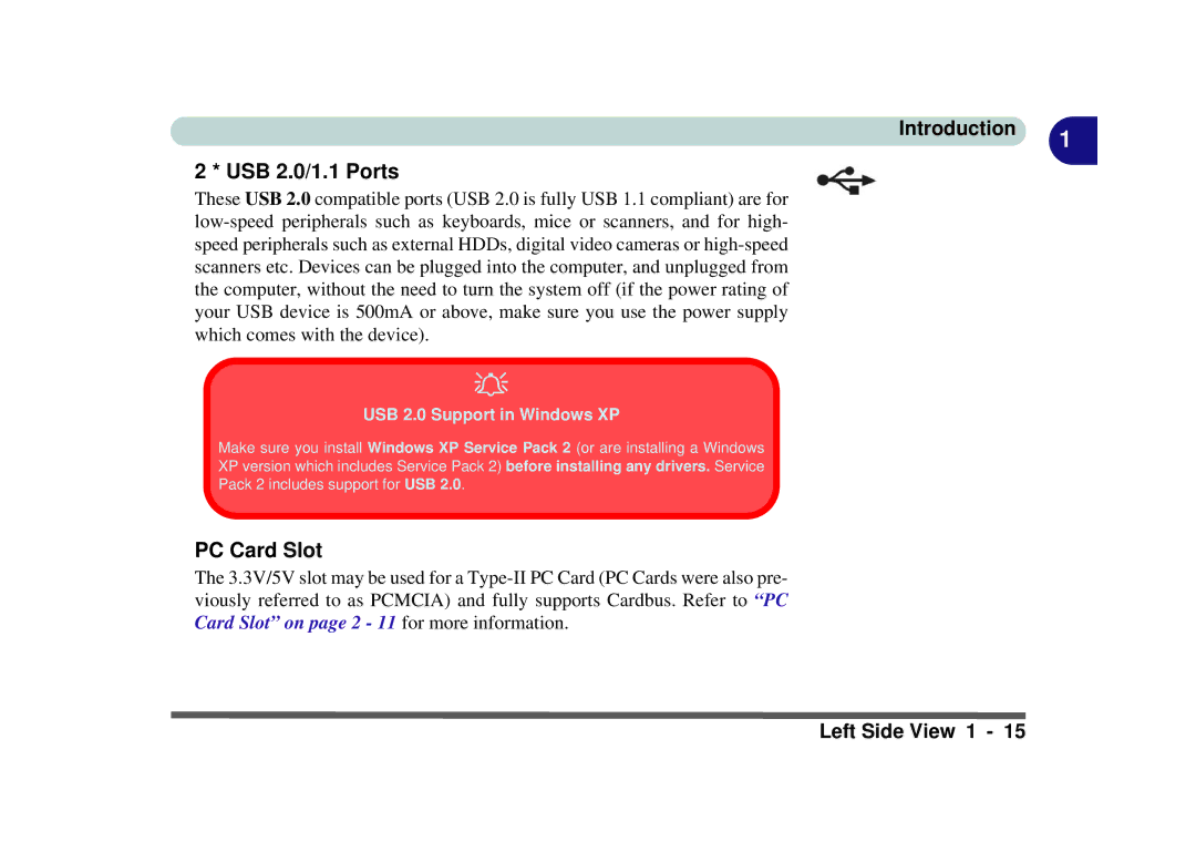 Phoenix Gold pmn manual USB 2.0/1.1 Ports, PC Card Slot, USB 2.0 Support in Windows XP 